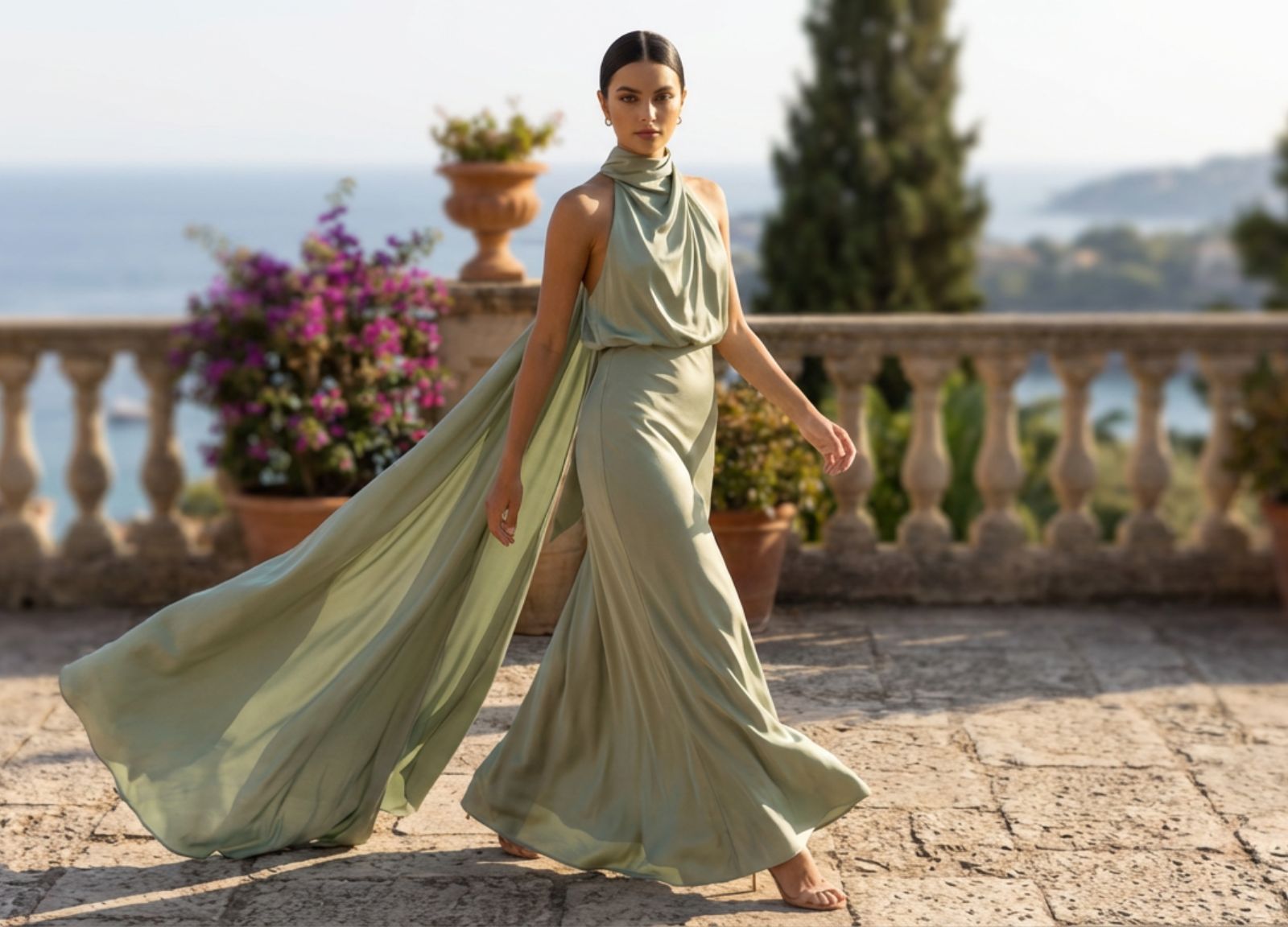green crepe dresses Sage Green Long Wrap Crepe Dress, Bridesmaid Dress, Wedding Guest Dress, Formal Dress, Cocktail Dress, Evening Dress, Ruffle Dress
