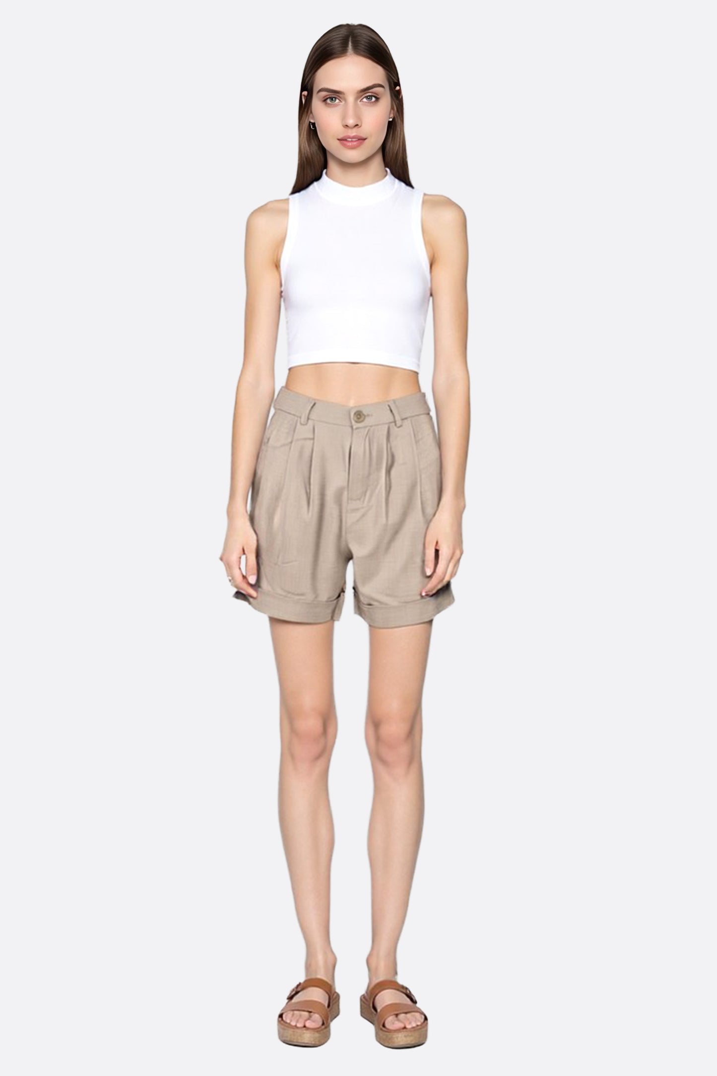 Short in lino beige a vita alta