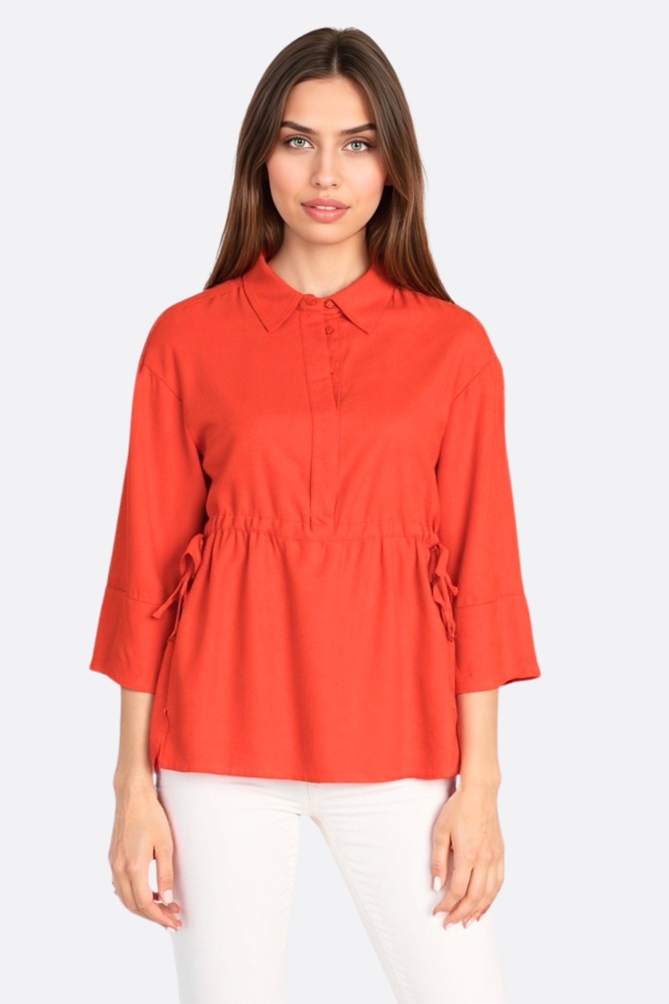 Blouse ample rouge corail en lin à liens ajustables - MISCIANO