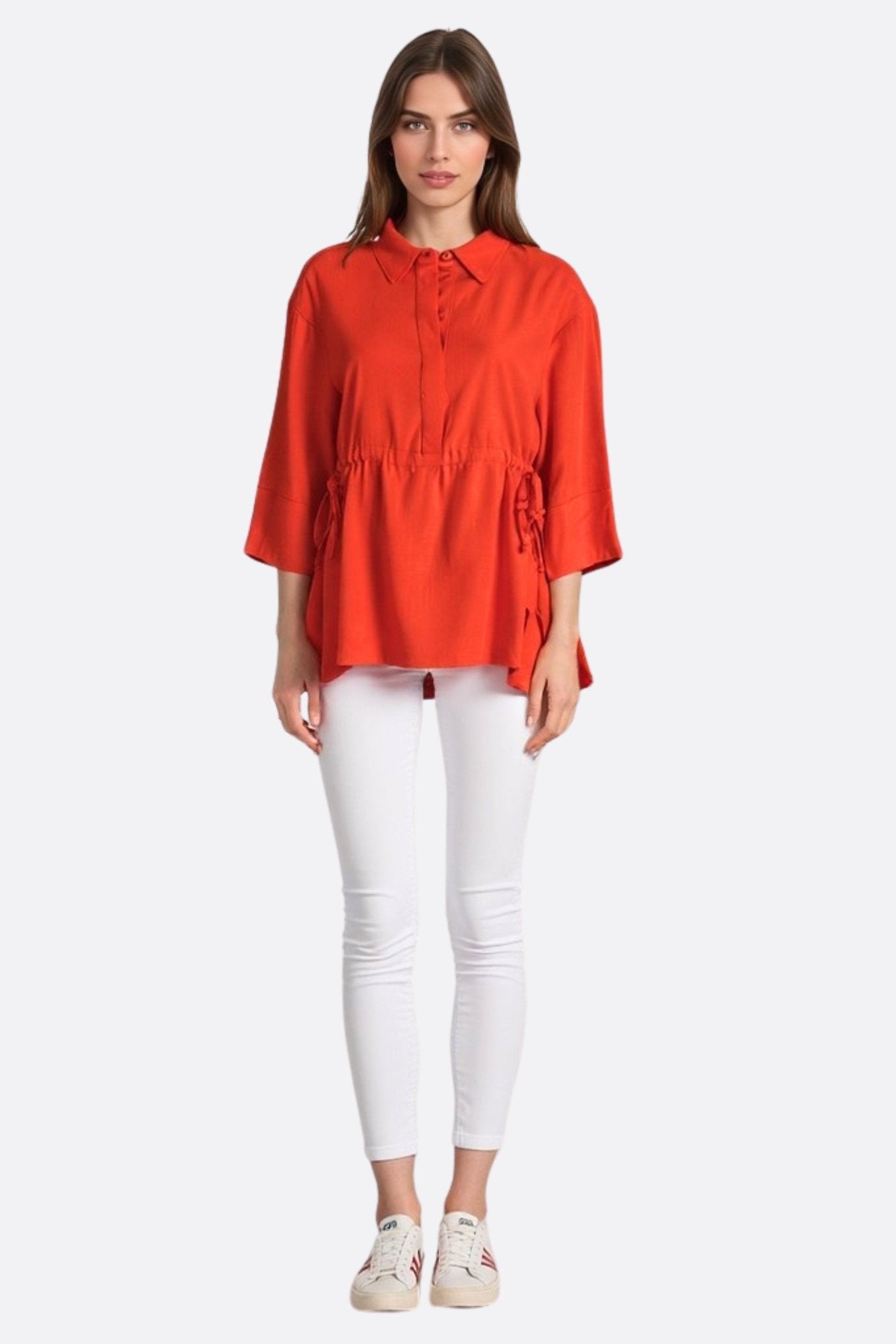 Blouse ample rouge corail en lin à liens ajustables - MISCIANO