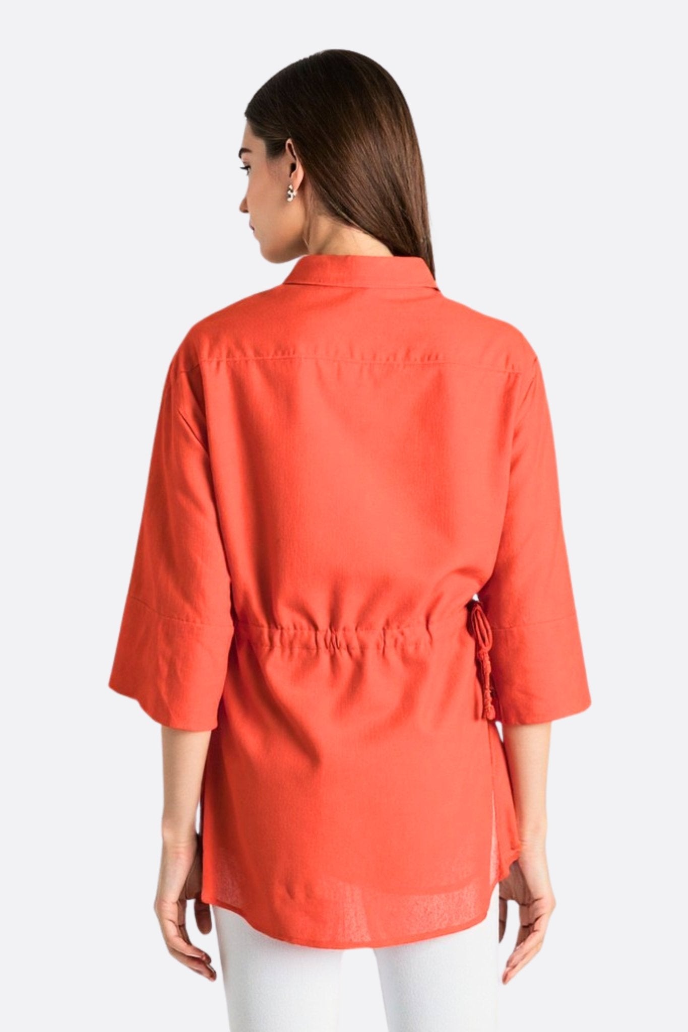 Blouse ample rouge corail en lin à liens ajustables - MISCIANO