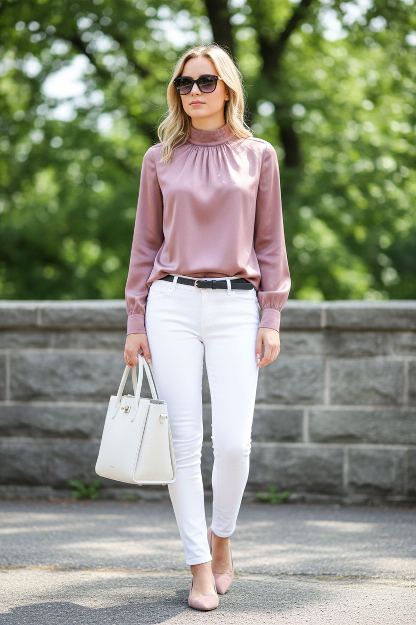 Détail du dos de la blouse en satin rose poudré, mettant en avant son col montant froncé et sa texture luxueuse.