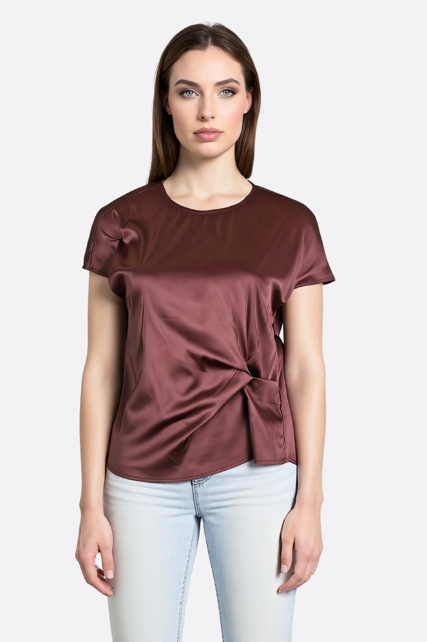 Blouse satin bordeau à détail froncé - MISCIANO