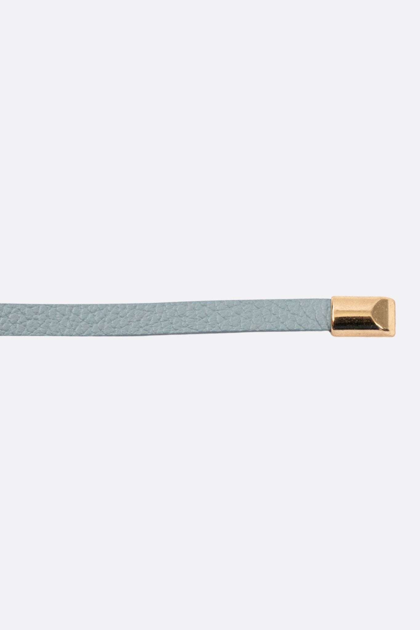 Détails dorés sur cette ceinture fine en cuir de vachette bleu clair, idéale pour une allure chic et moderne.
