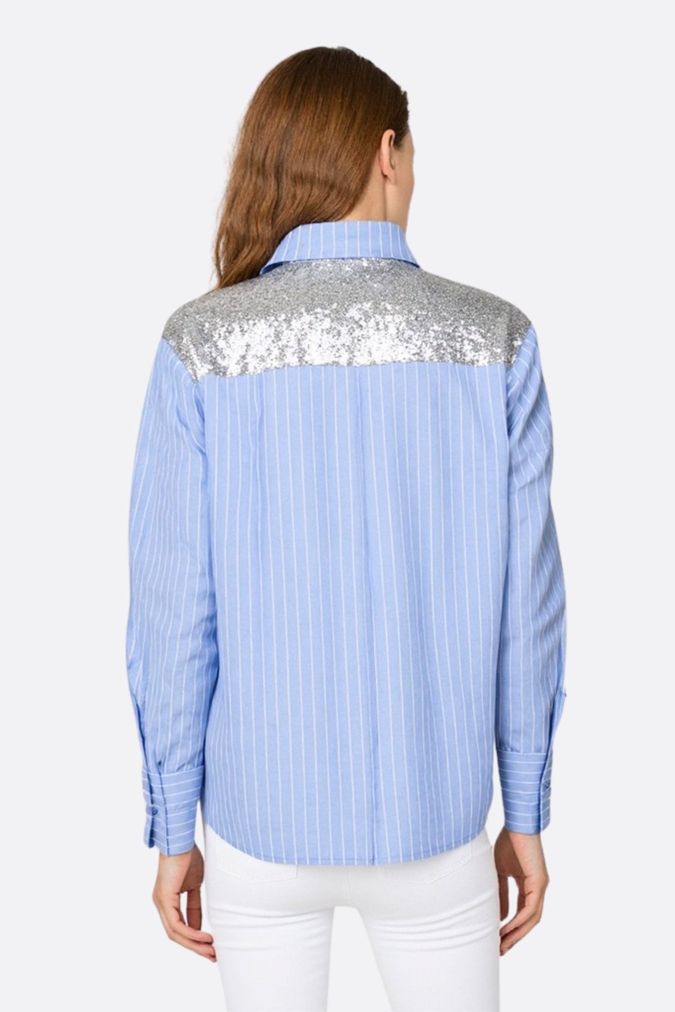 Chemise à rayures bleu ciel à épaules pailletées - MISCIANO