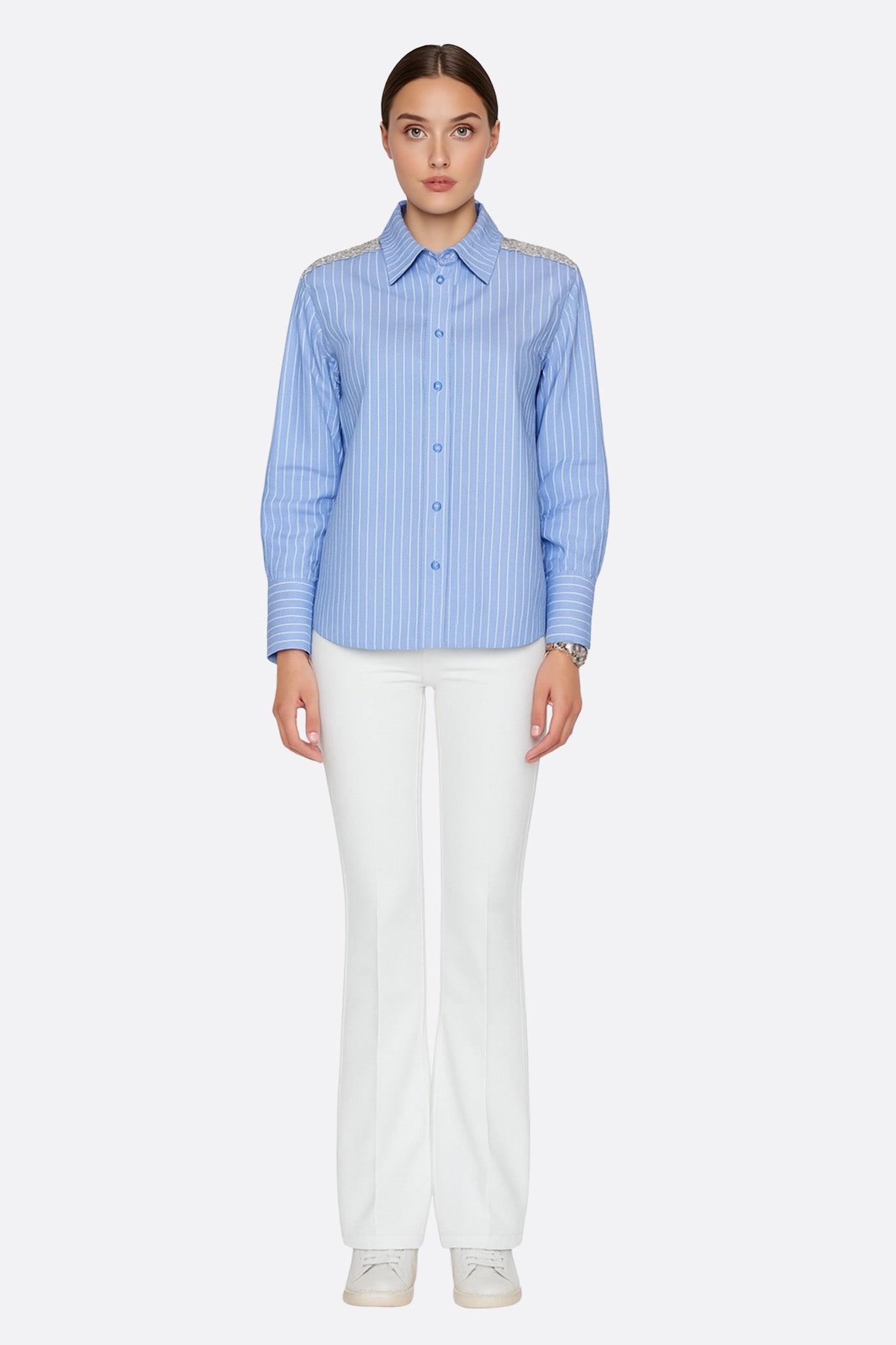 Chemise à rayures bleu ciel à épaules pailletées - MISCIANO