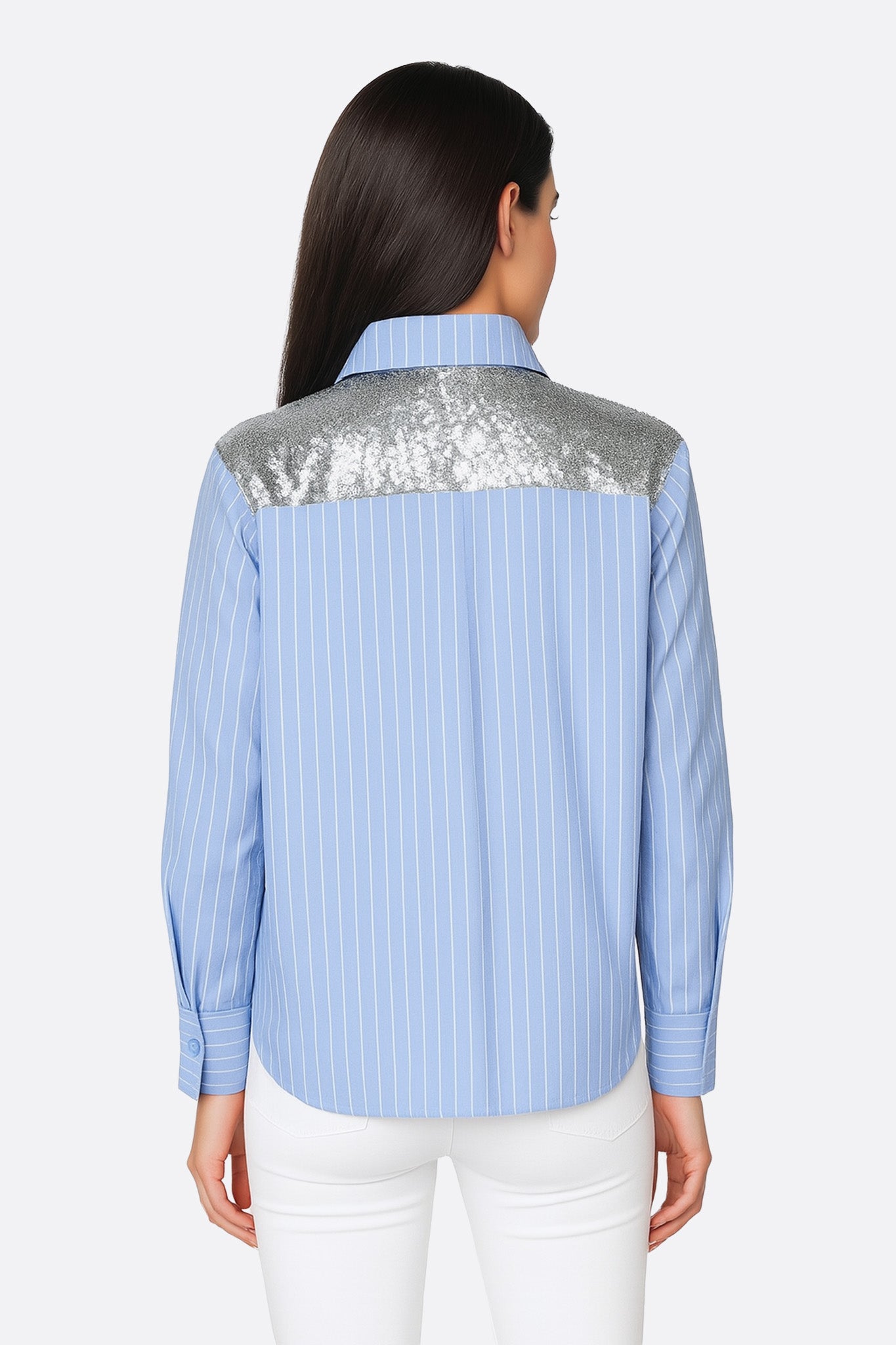 Chemise à rayures bleu ciel à épaules pailletées - MISCIANO