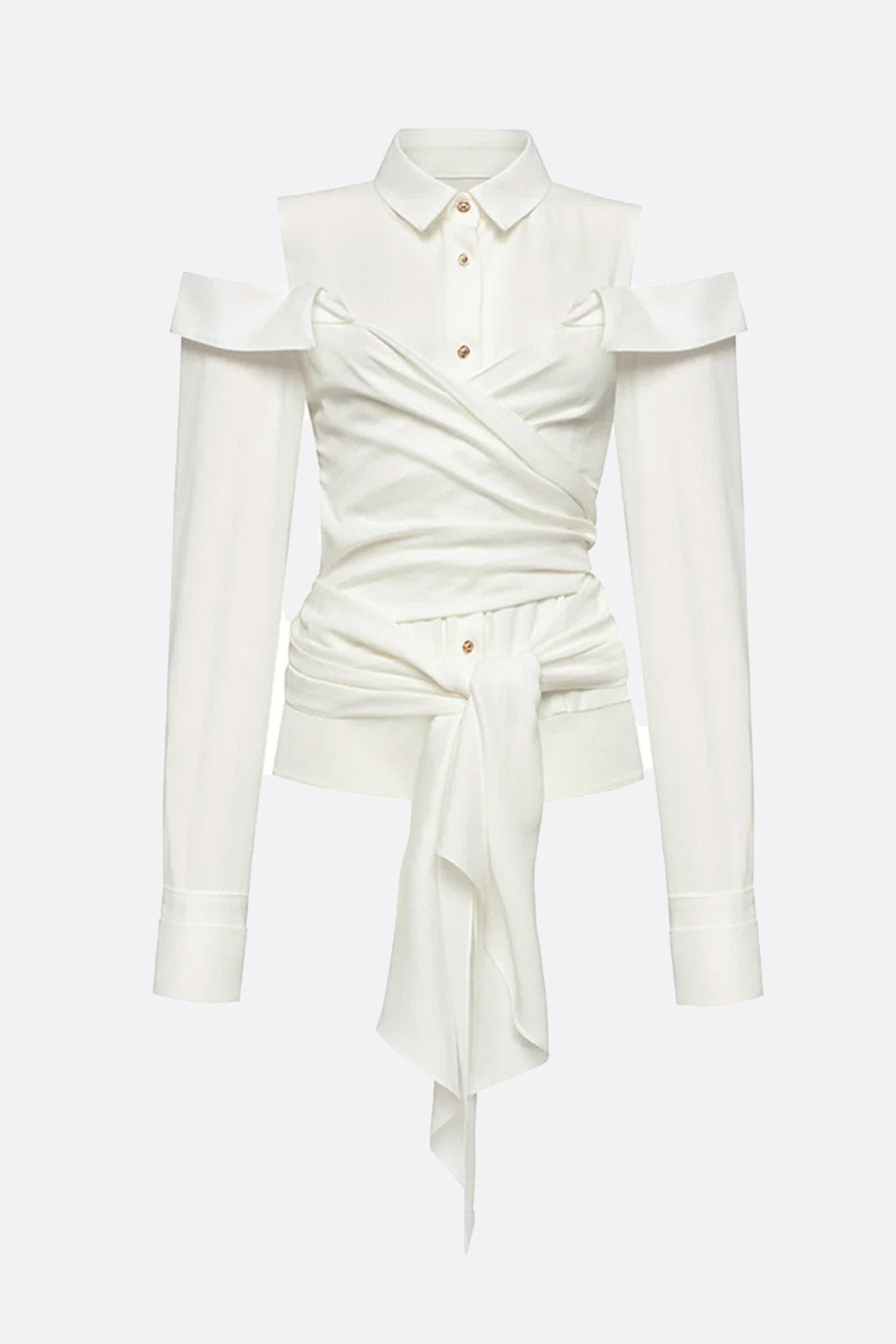 Chemise blanche asymétrique à épaules dénudées et nœud drapé - MISCIANO