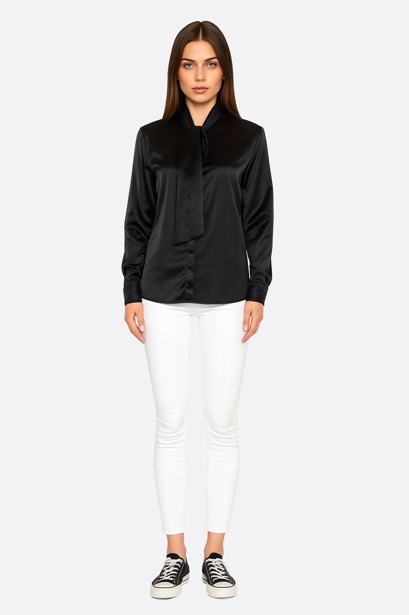 Chemise en satin noir à lavallière - MISCIANO