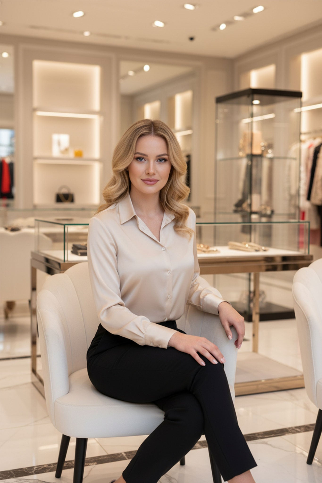 Détail rapproché de la chemise satinée beige, révélant sa texture délicate et son allure raffinée pour des occasions chics.