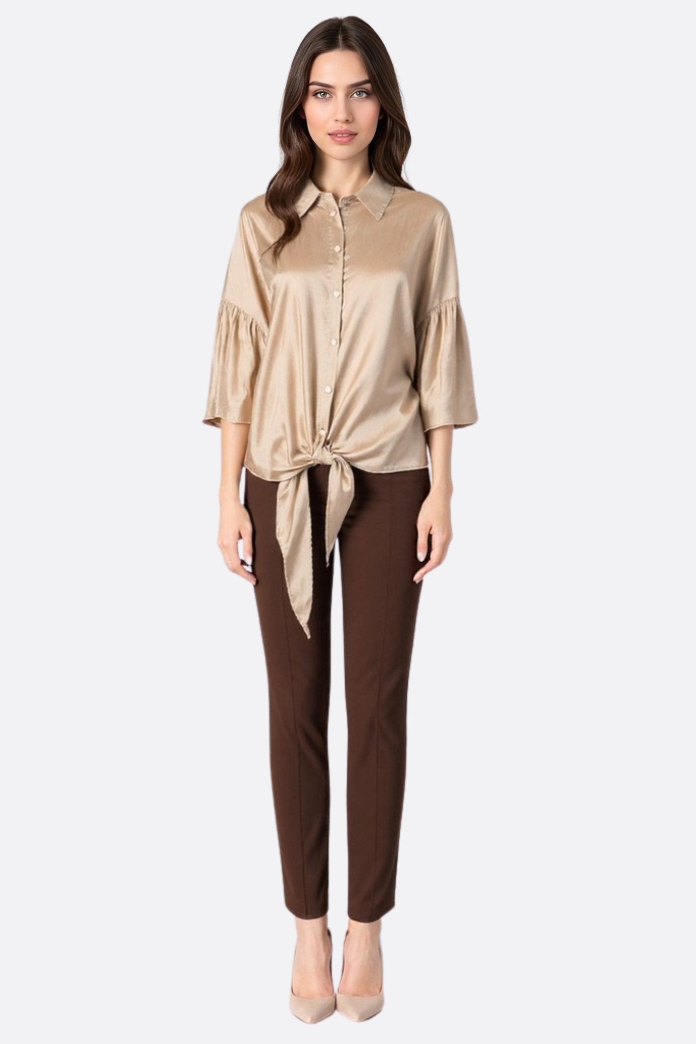 Chemise satinée beige à nouer - MISCIANO