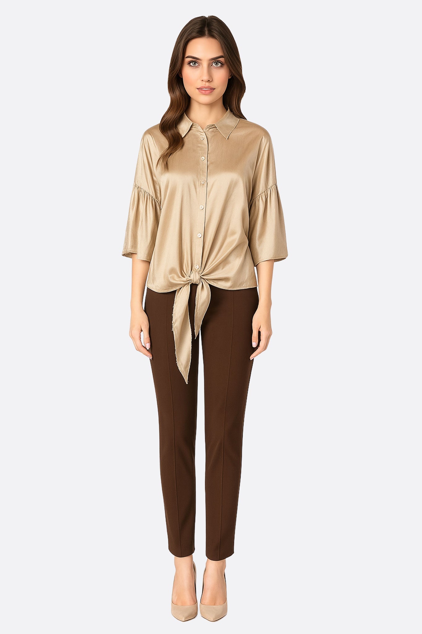 Chemise satinée beige à nouer - MISCIANO