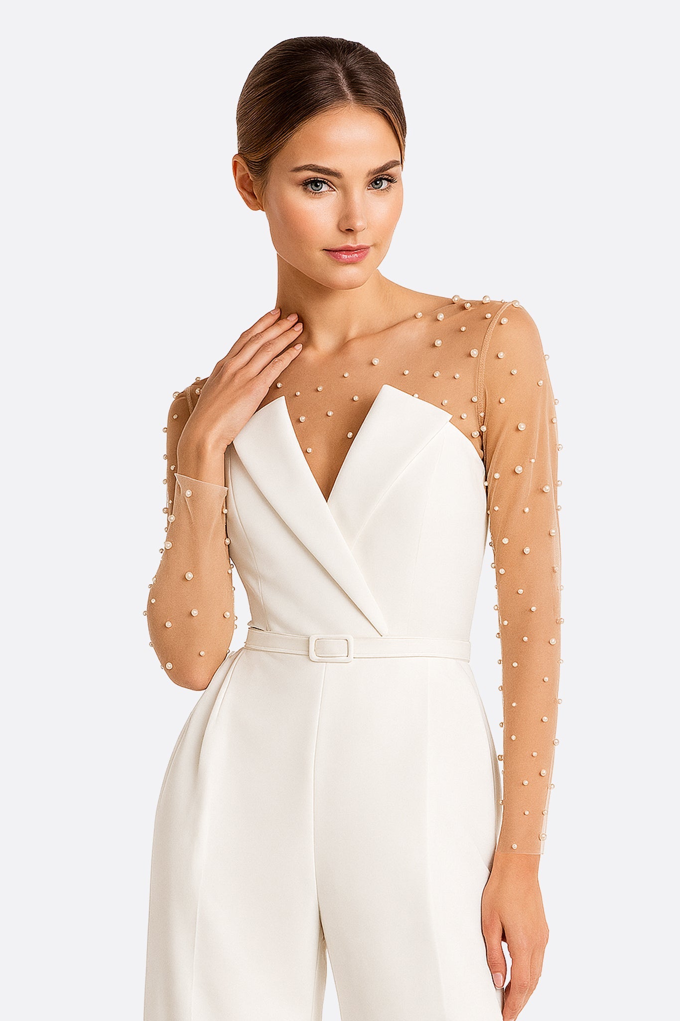 Combinaison blanche bustier à manches illusion perlées - MISCIANO