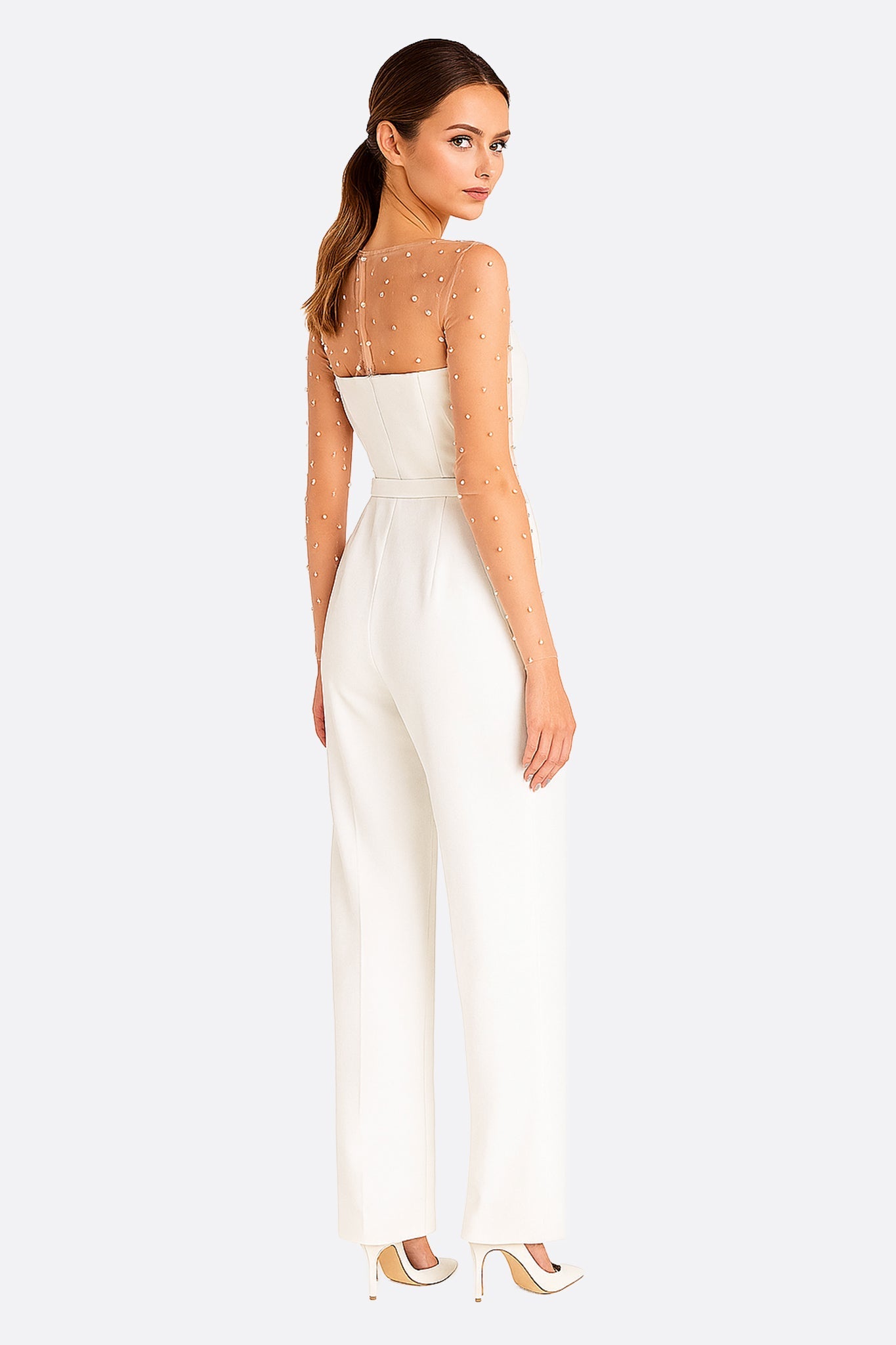Combinaison blanche bustier à manches illusion perlées - MISCIANO