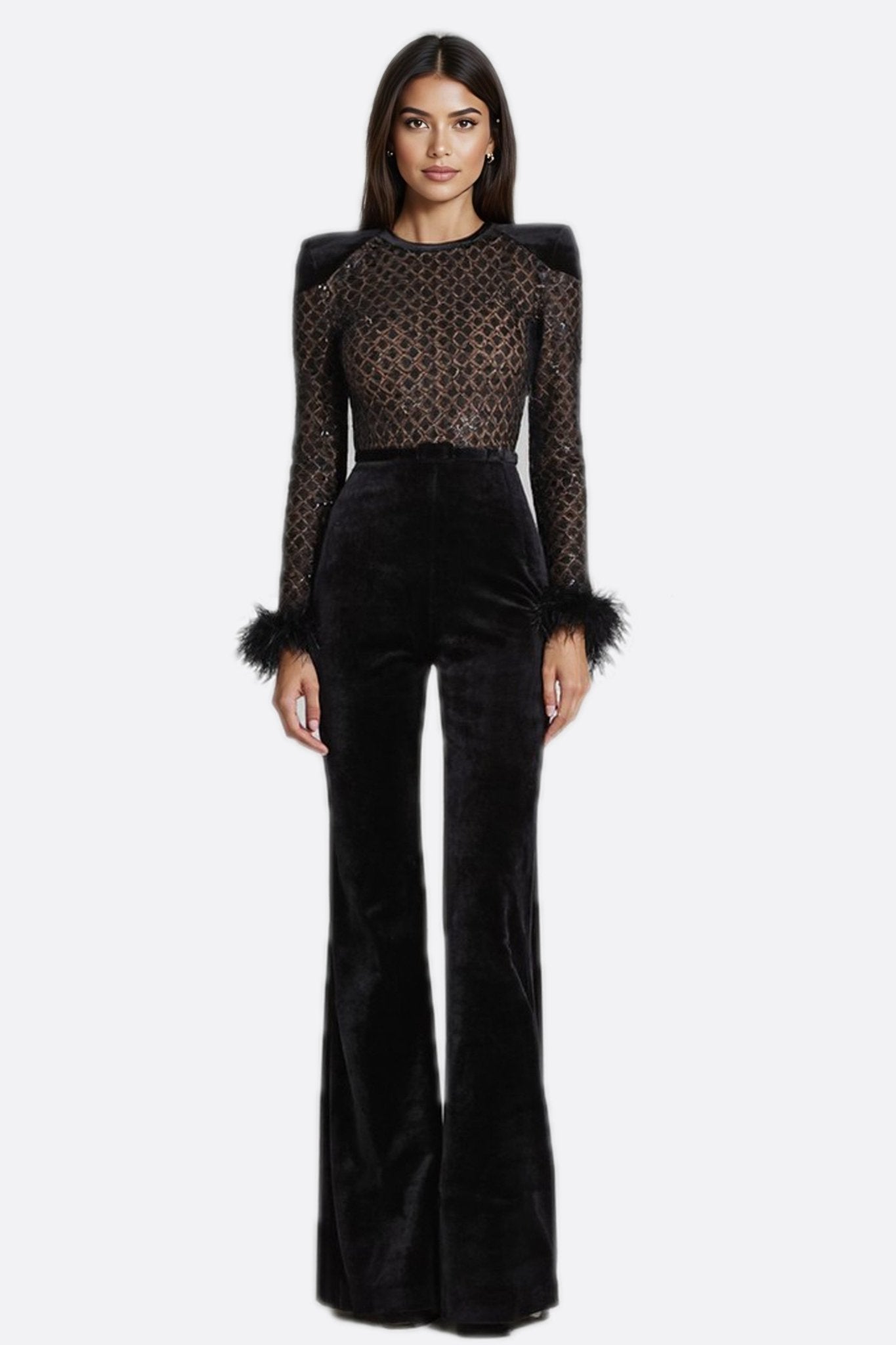 Combinaison noire en velours et tulle brodé sequins - MISCIANO