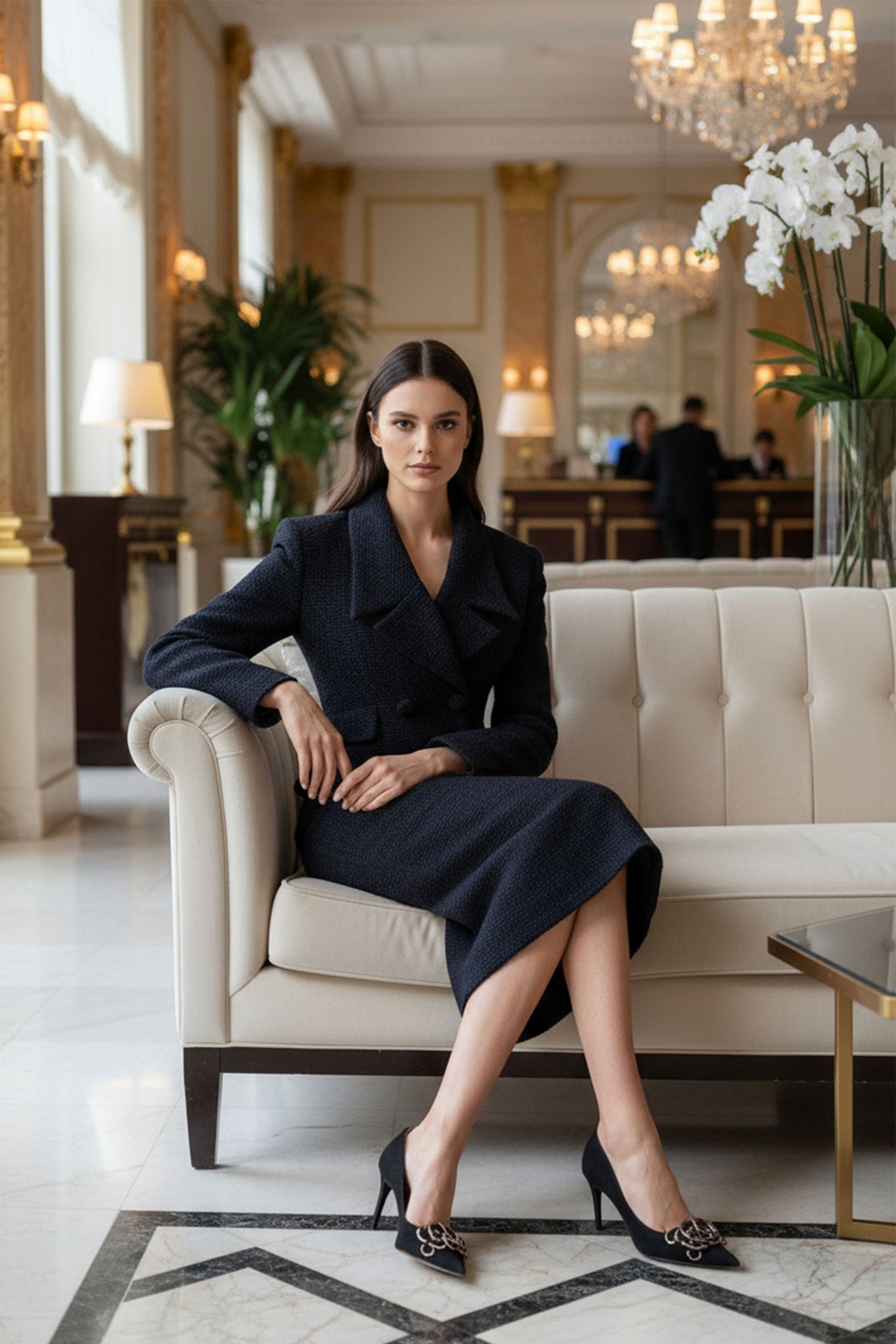 Détail du dos de l'ensemble de costume femme noir en laine, mettant en lumière la texture fine et une élégance classique...