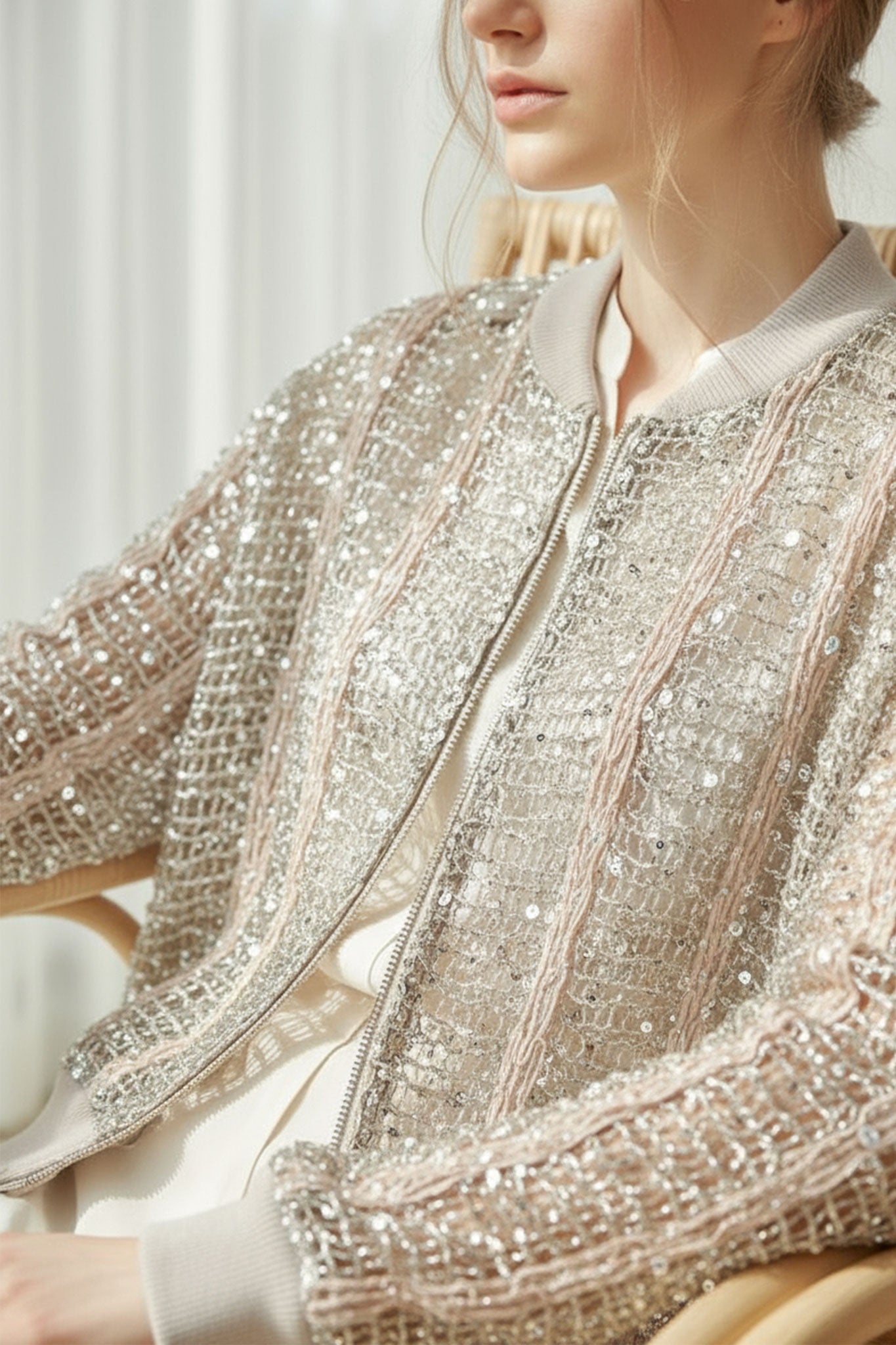 Détails du gilet bomber ajouré en lin et soie couleur champagne, mettant en avant la texture et l'éclat des sequins raffinés.