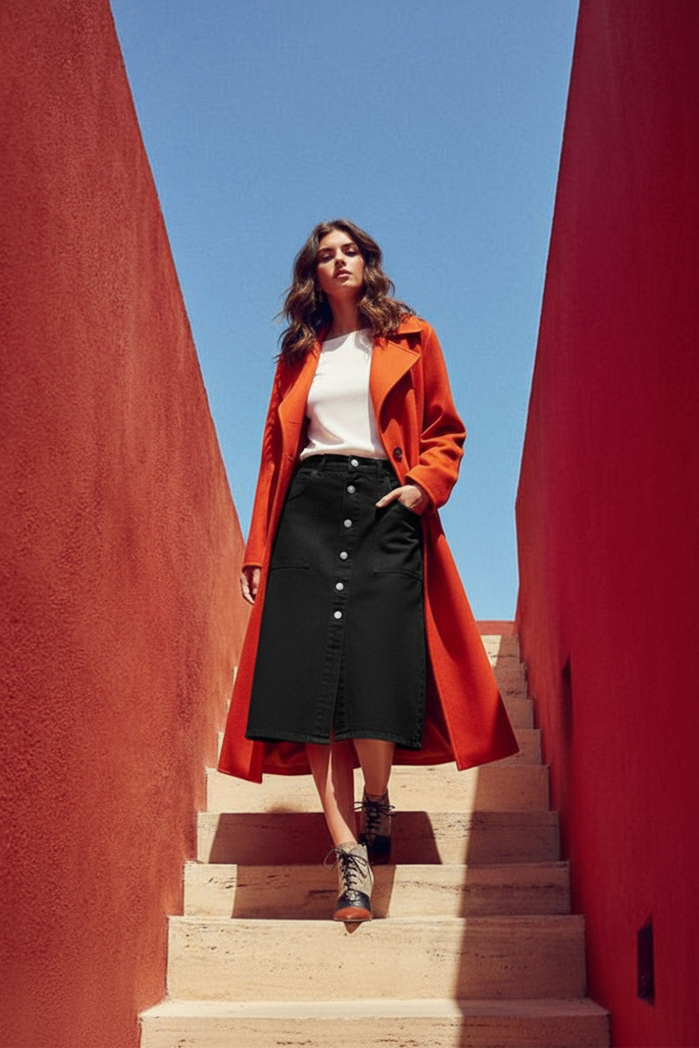 Détail sur la jupe longue noire en denim avec poches oversize, un incontournable pour une silhouette élégante et...