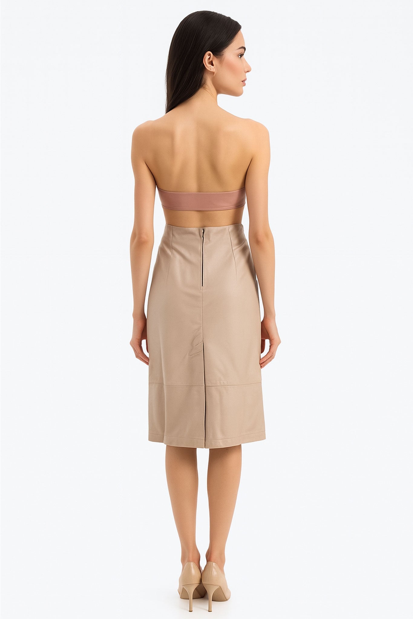 Jupe mi - longue en similicuir beige fendue à coupe droite - MISCIANO