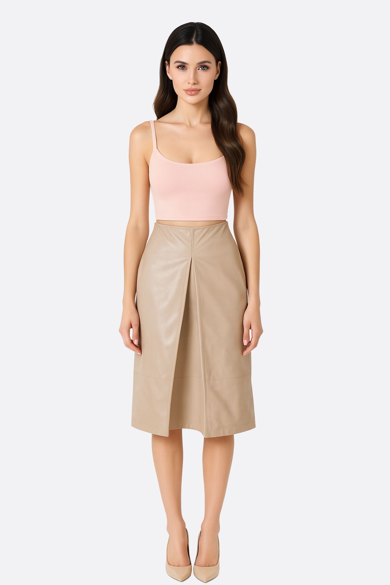 Jupe mi - longue en similicuir beige fendue à coupe droite - MISCIANO