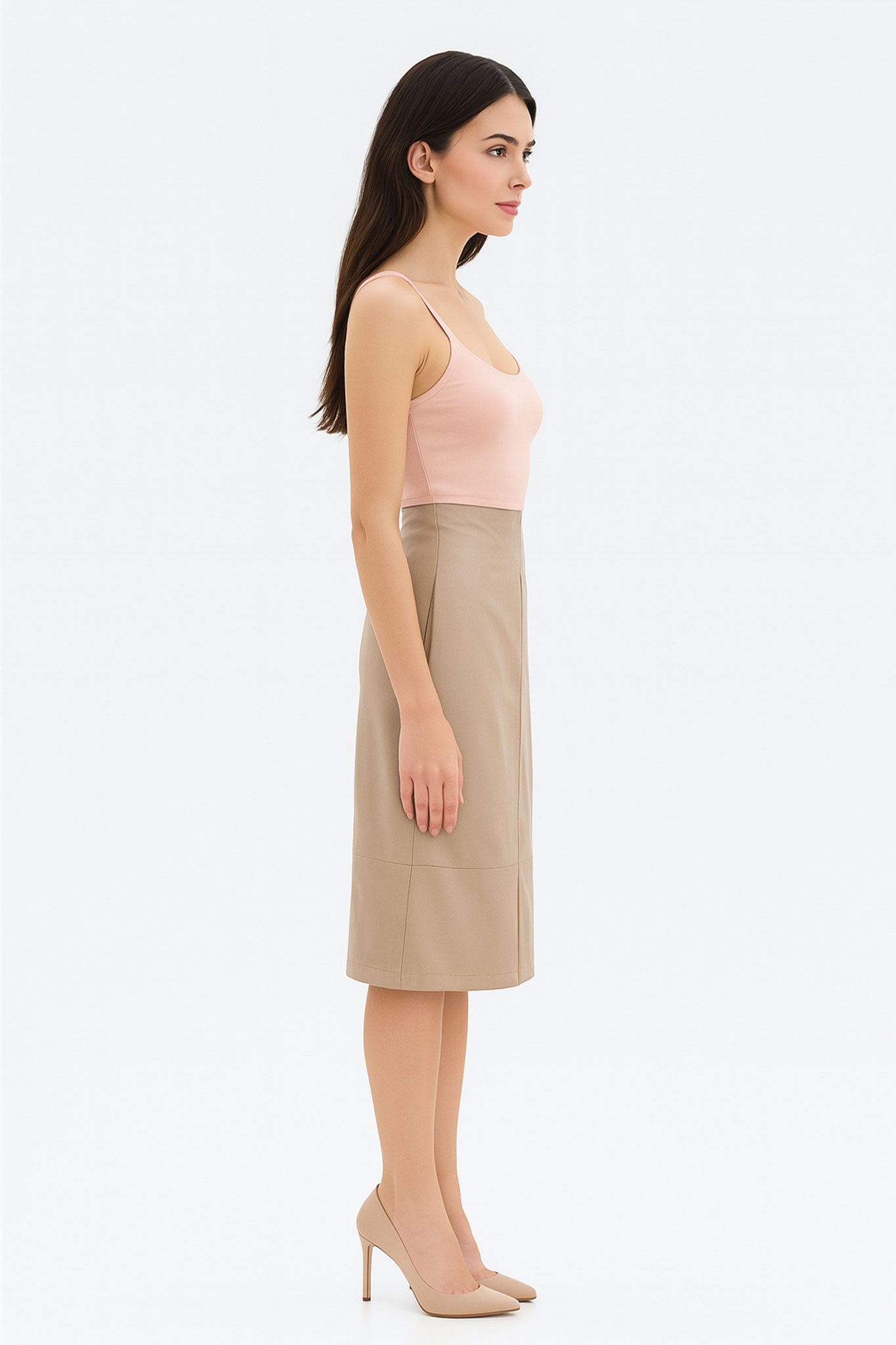 Jupe mi - longue en similicuir beige fendue à coupe droite - MISCIANO