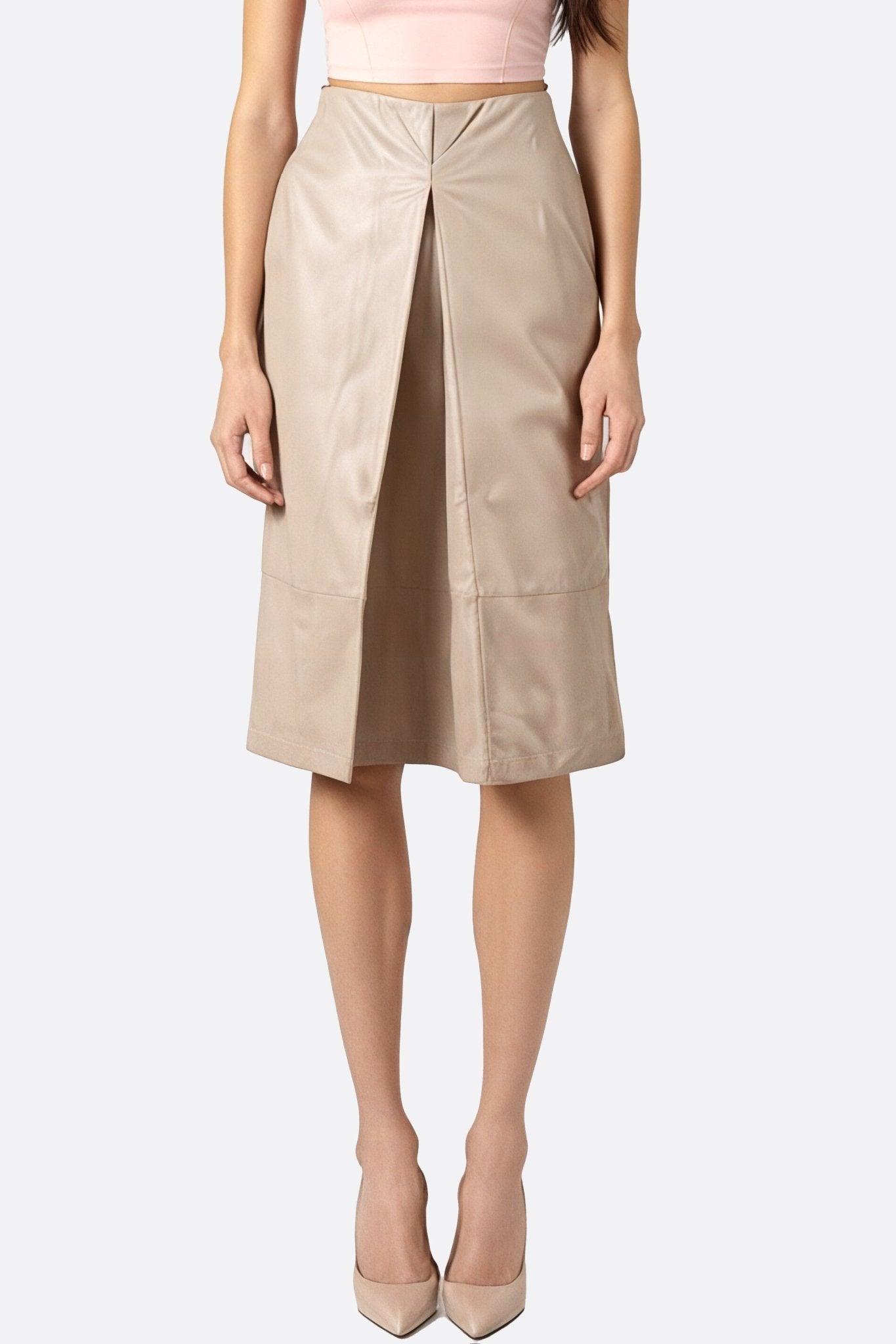Jupe mi - longue en similicuir beige fendue à coupe droite - MISCIANO