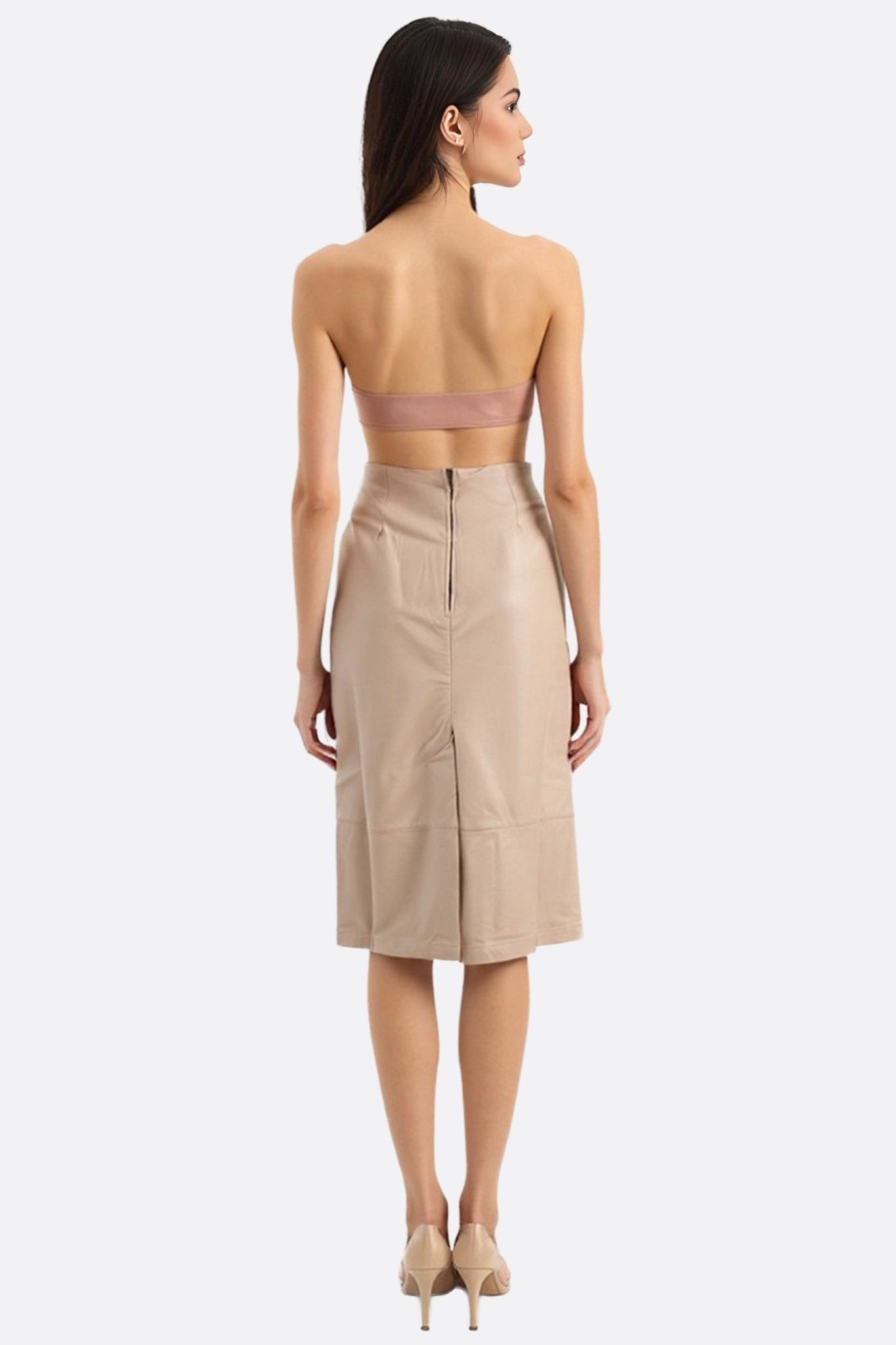 Jupe mi - longue en similicuir beige fendue à coupe droite - MISCIANO