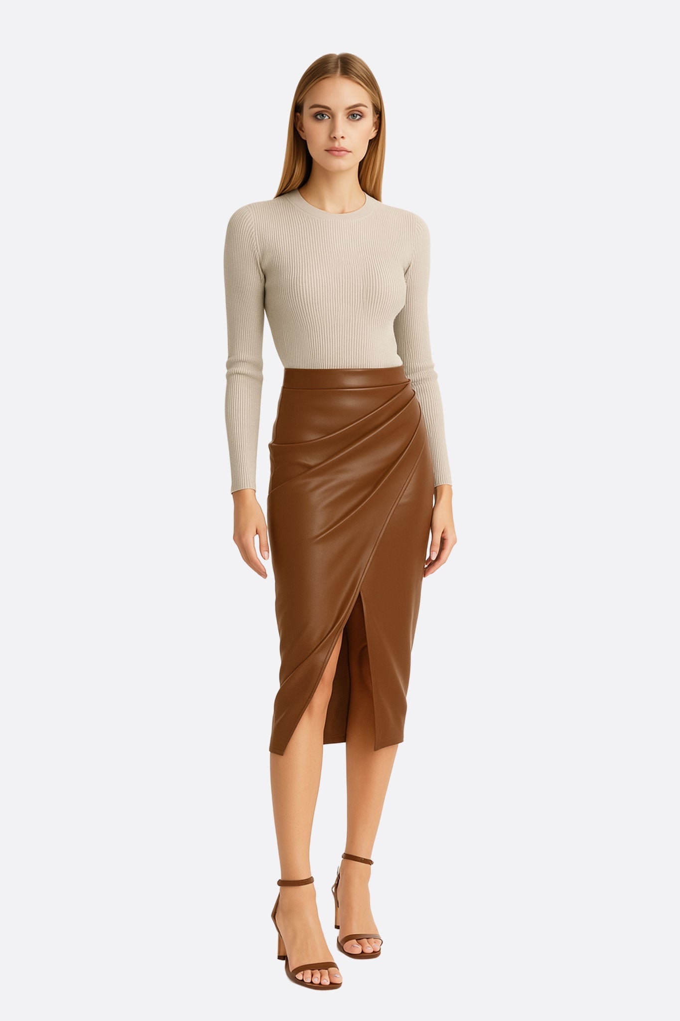 Jupe portefeuille en simili cuir marron camel - MISCIANO