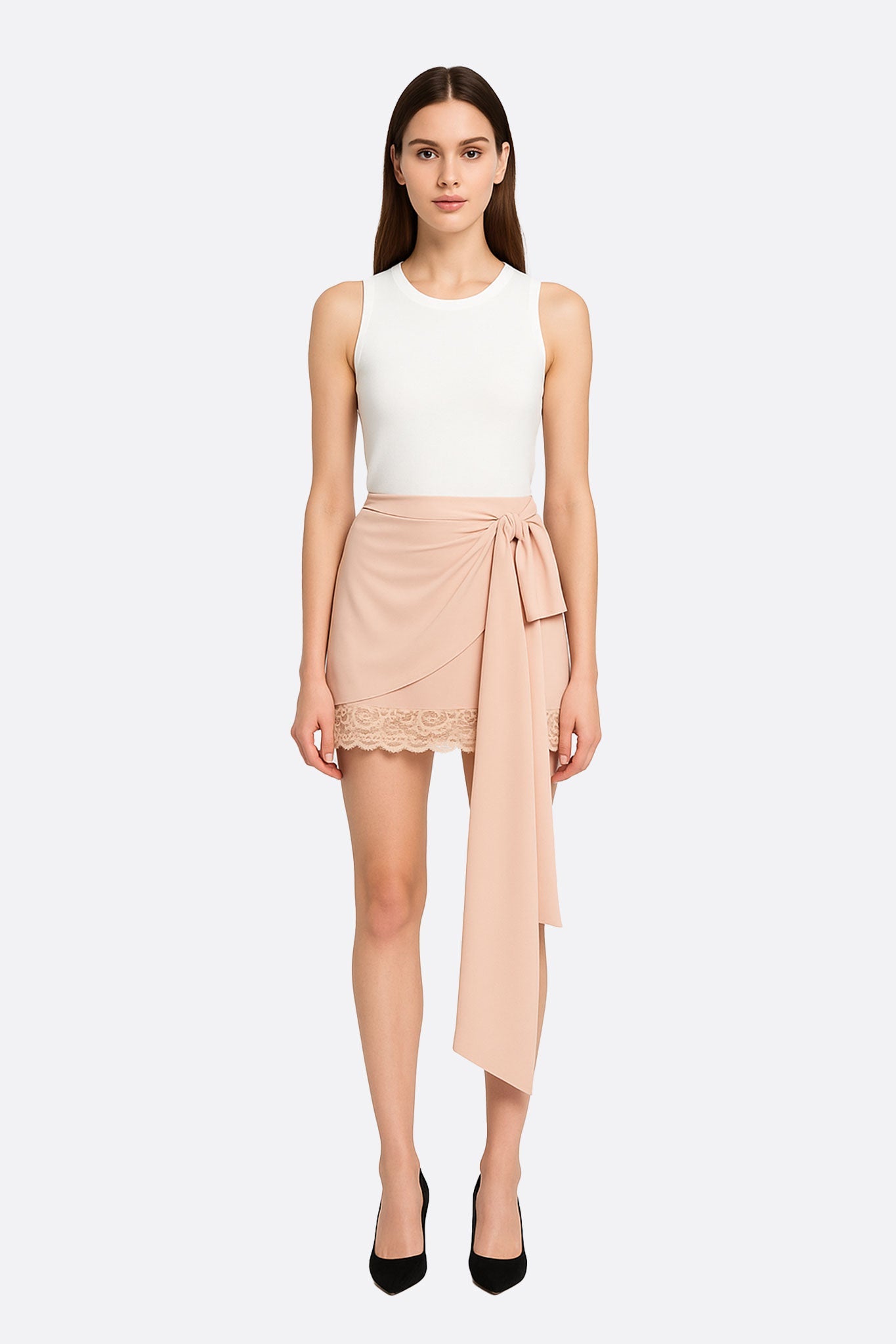 Jupe rose poudrée asymétrique en satin et dentelle - MISCIANO