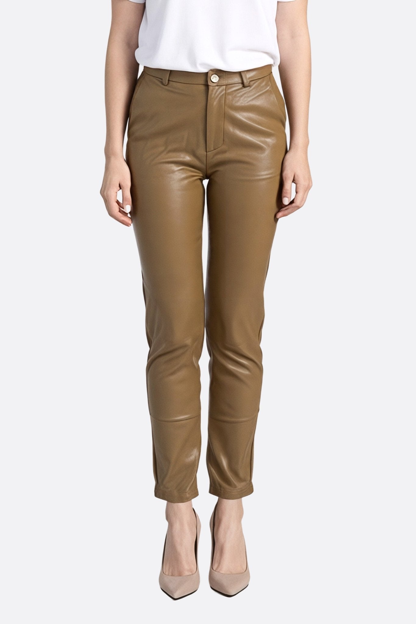 Faux Leather Camel Skinny Trousers Camel Faux Leather High-Waisted
