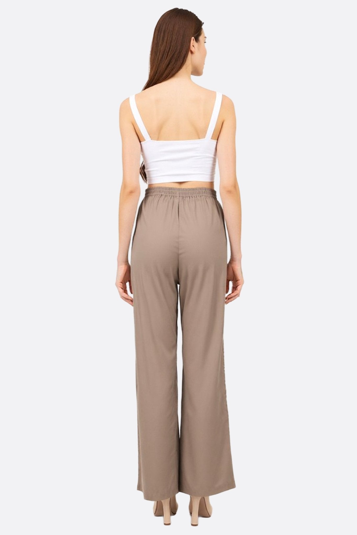 Pantalon gris taupe à coupe droite fluide et tissu satiné léger - MISCIANO