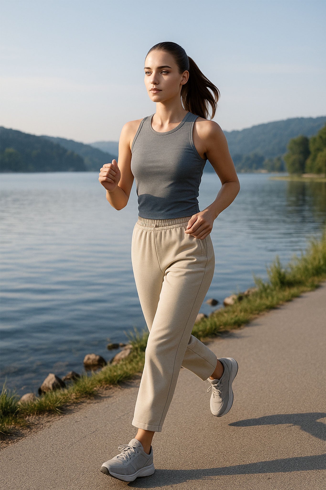 Texture raffinée du pantalon beige en tissu technique, coupe 7/8, une pièce idéale pour un style chic et contemporain.