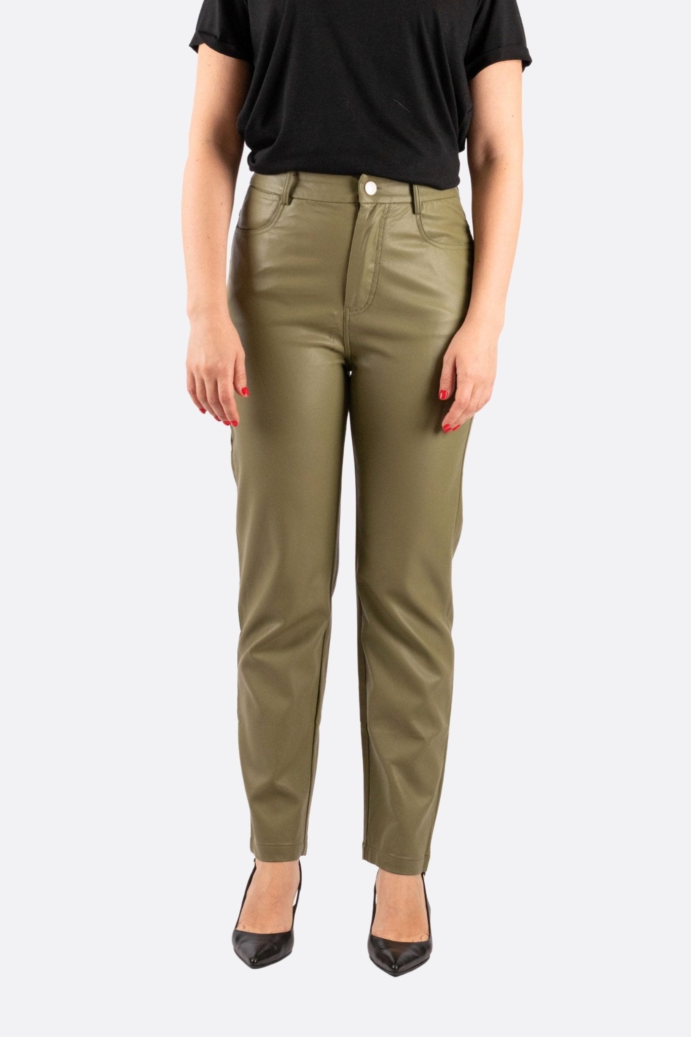 Pantalon taille haute en similicuir vert kaki - MISCIANO