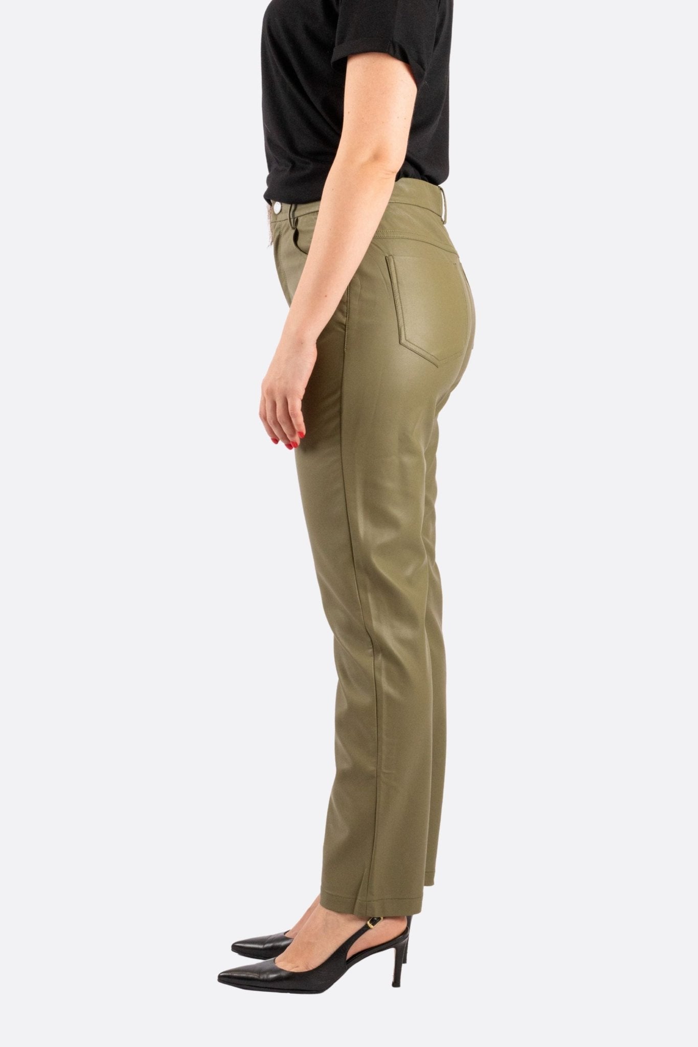 Pantalon taille haute en similicuir vert kaki - MISCIANO