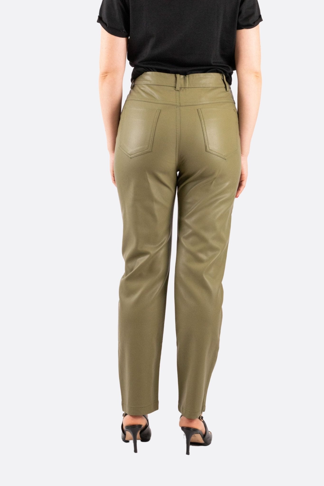 Pantalon taille haute en similicuir vert kaki - MISCIANO