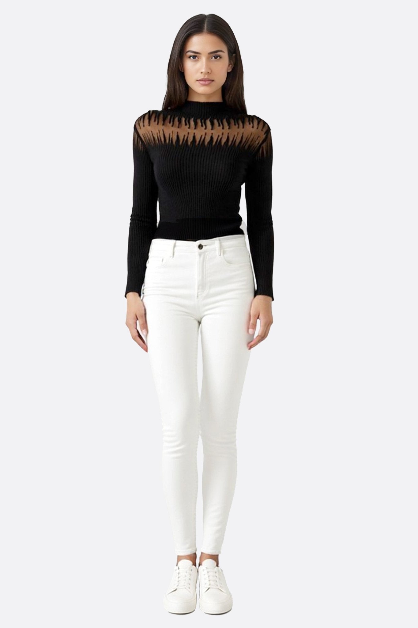Pull noir fin à manches longues à enpiècement nude transparent - MISCIANO