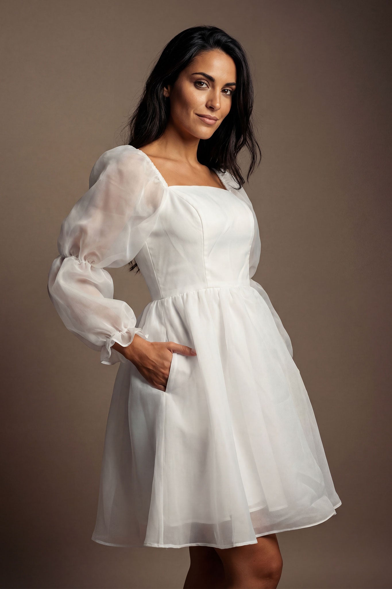 Robe corta bianca Lauren con maniche a sbuffo