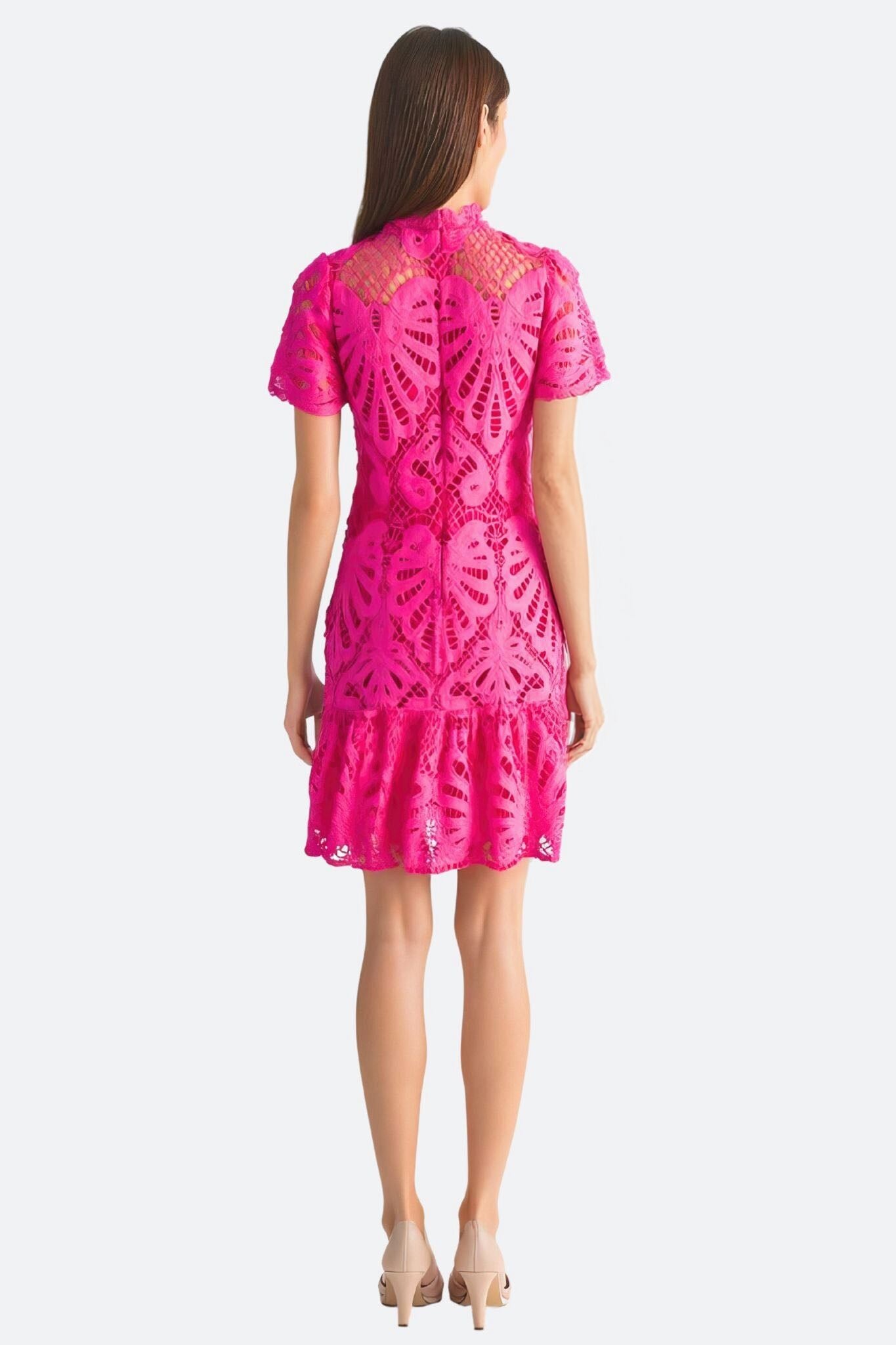 Robe courte en dentelle ajourée fuchsia - MISCIANO