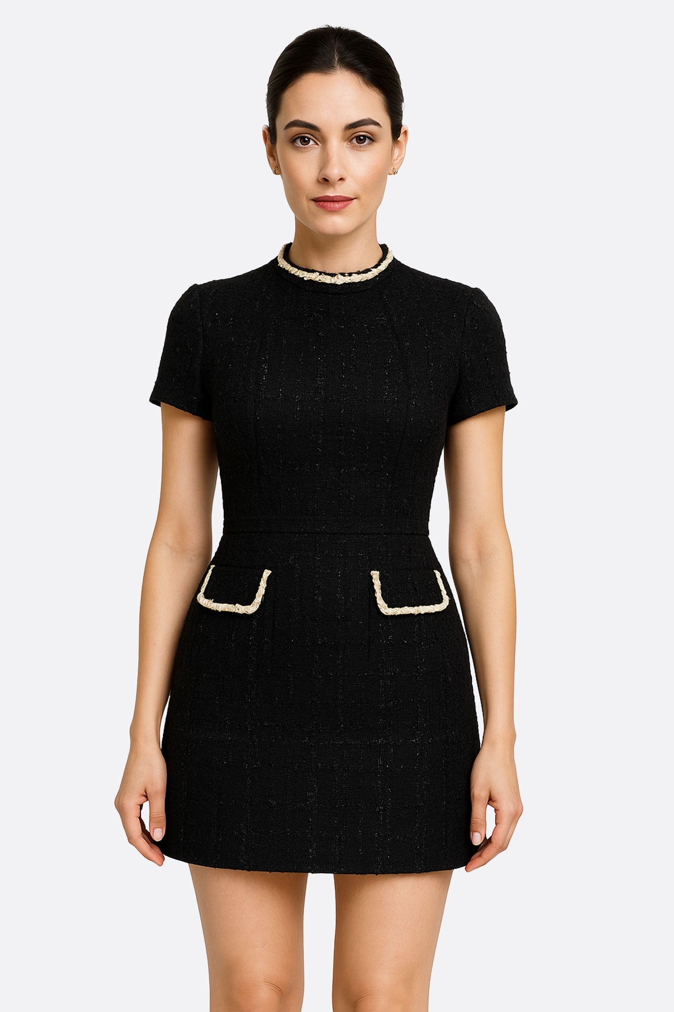 Robe courte en tweed noir à col perlé doré - MISCIANO