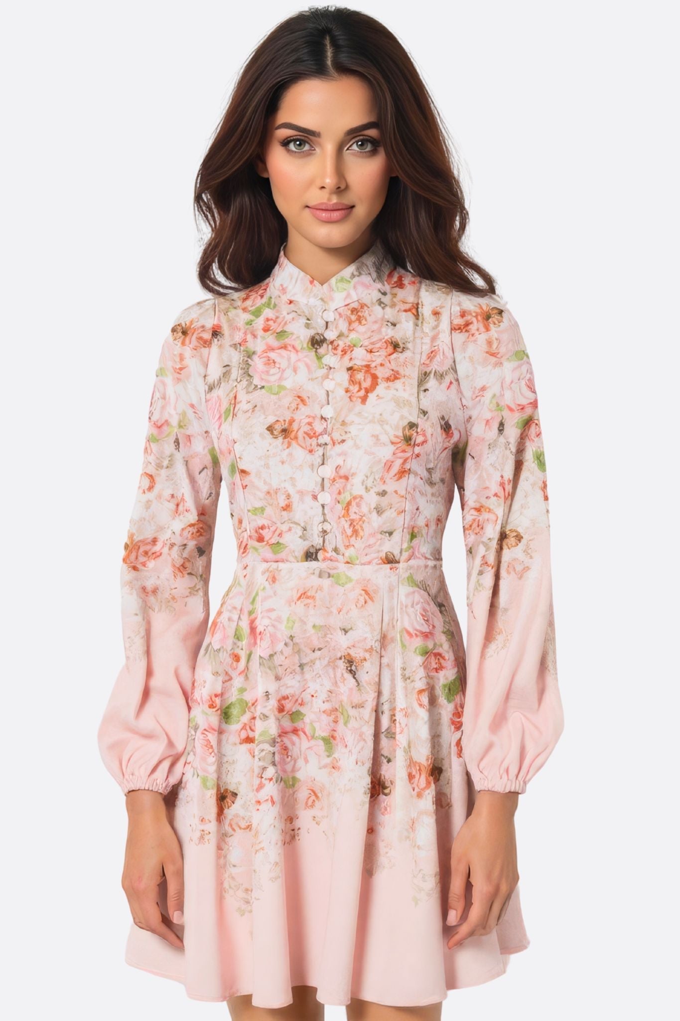 Robe courte rose à imprimé floral et manches longues bouffantes - MISCIANO
