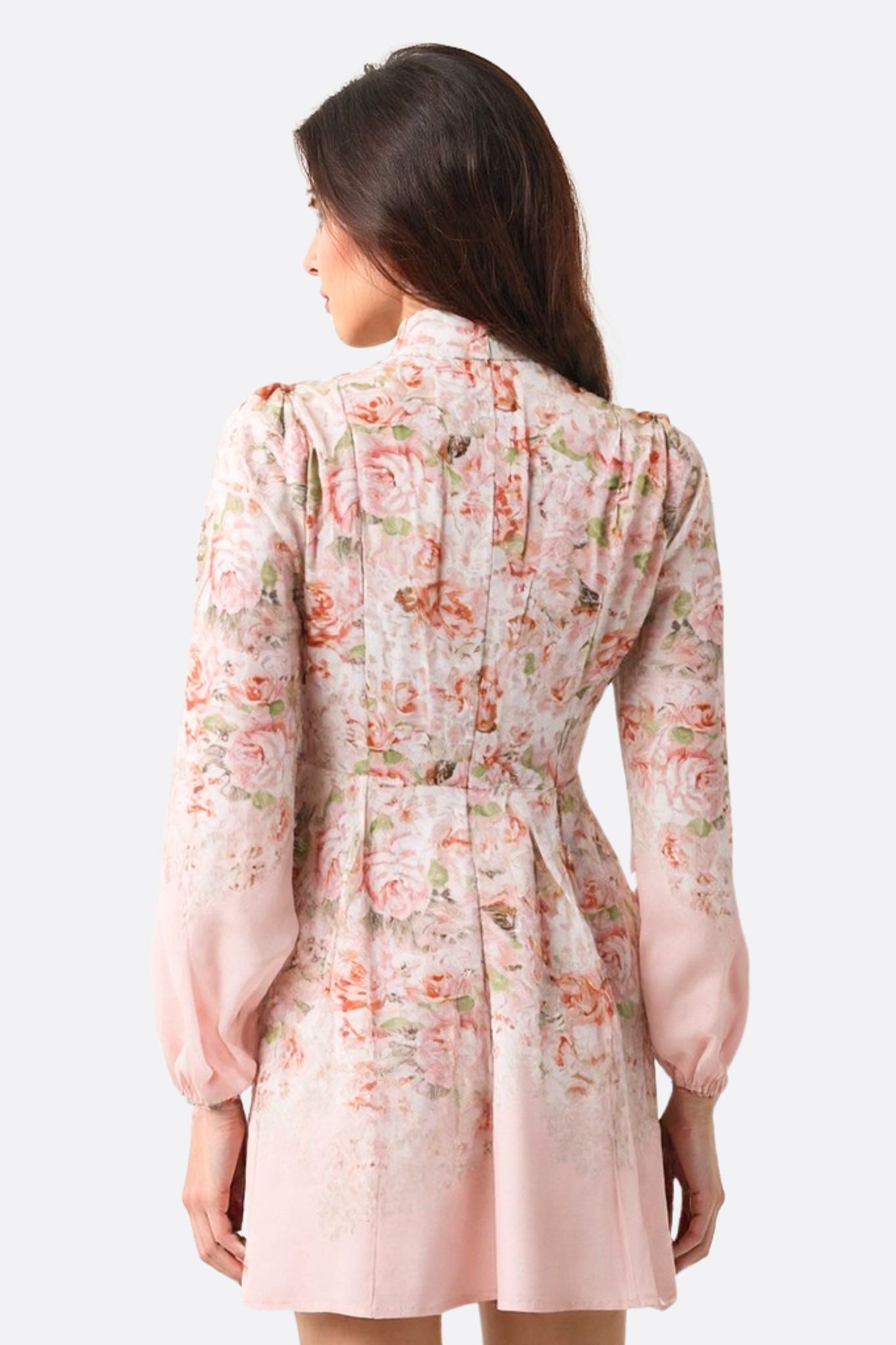 Robe courte rose à imprimé floral et manches longues bouffantes - MISCIANO