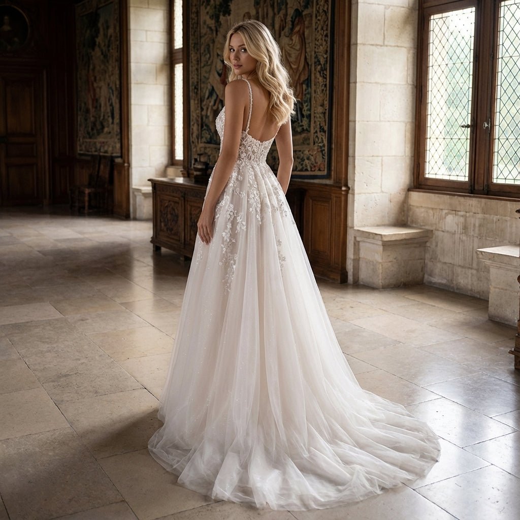 Détail en gros plan de la robe de mariée Trinity blanche en dentelle, soulignant la texture aérienne et la grâce des...