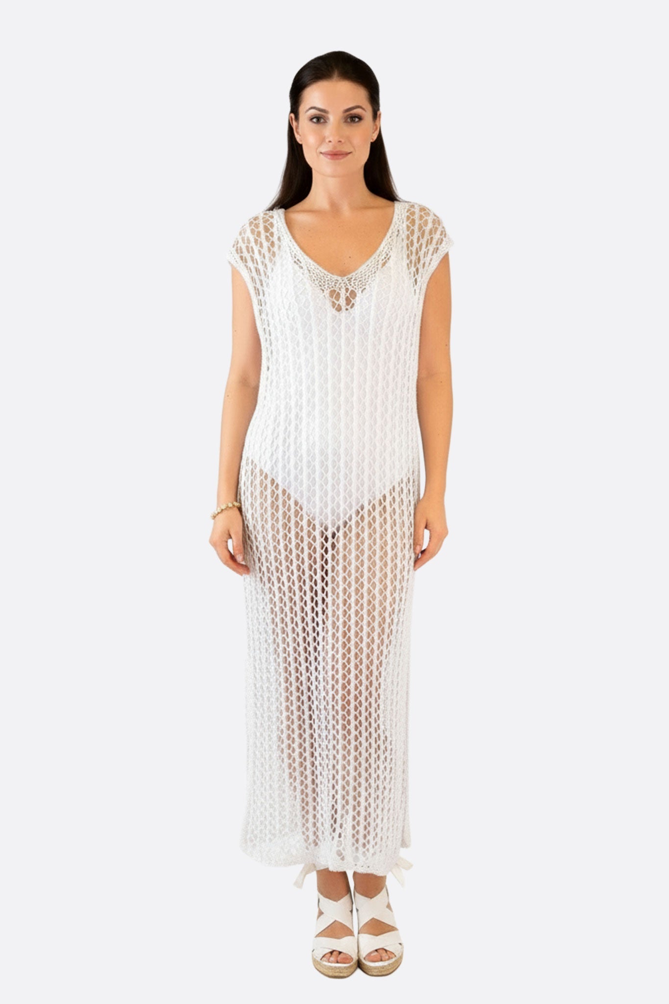 Robe de plage bohème en maille crochet blanche – Misciano