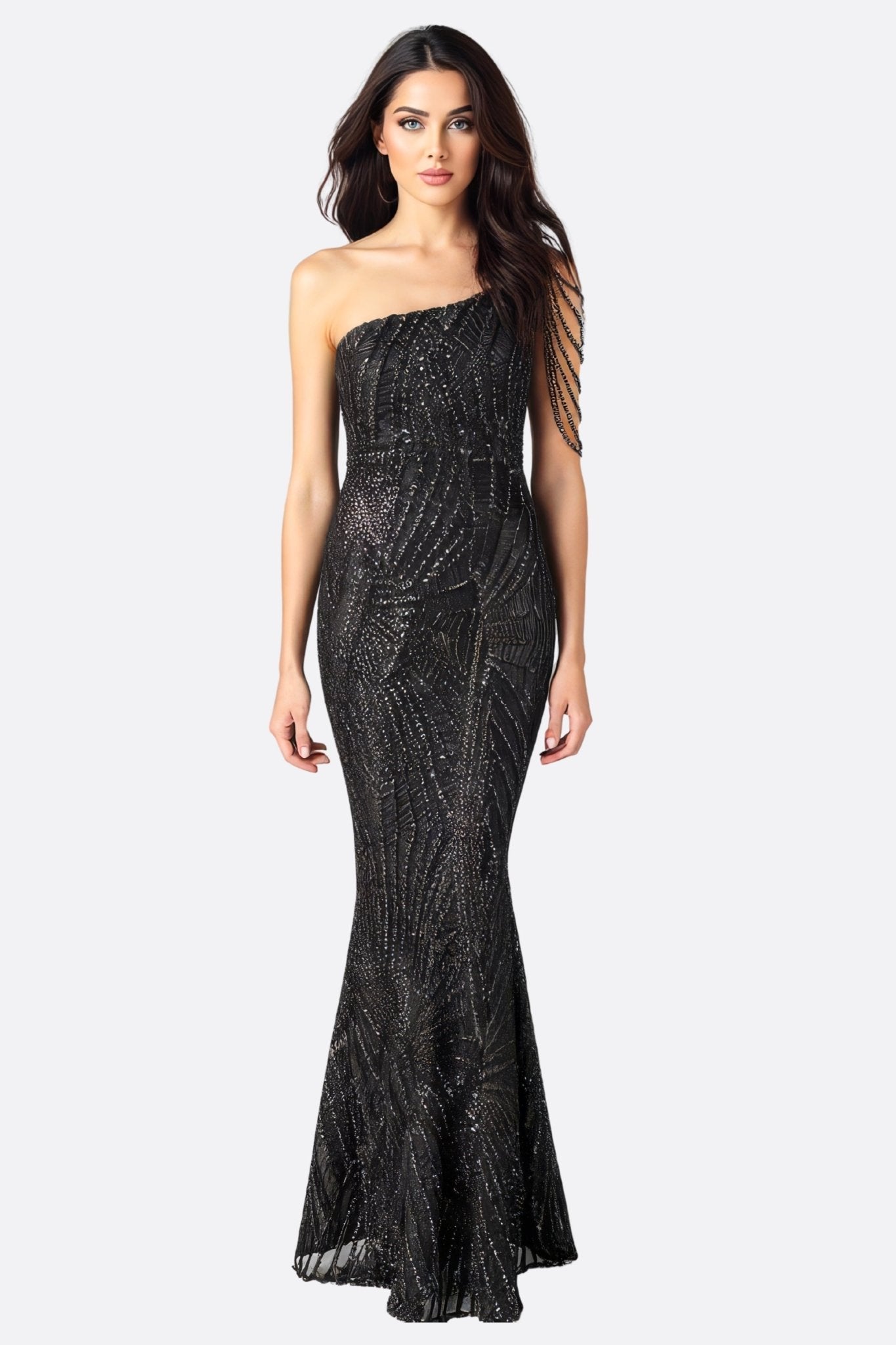 Robe de soirée noire asymétrique avec perles et fente latérale - MISCIANO