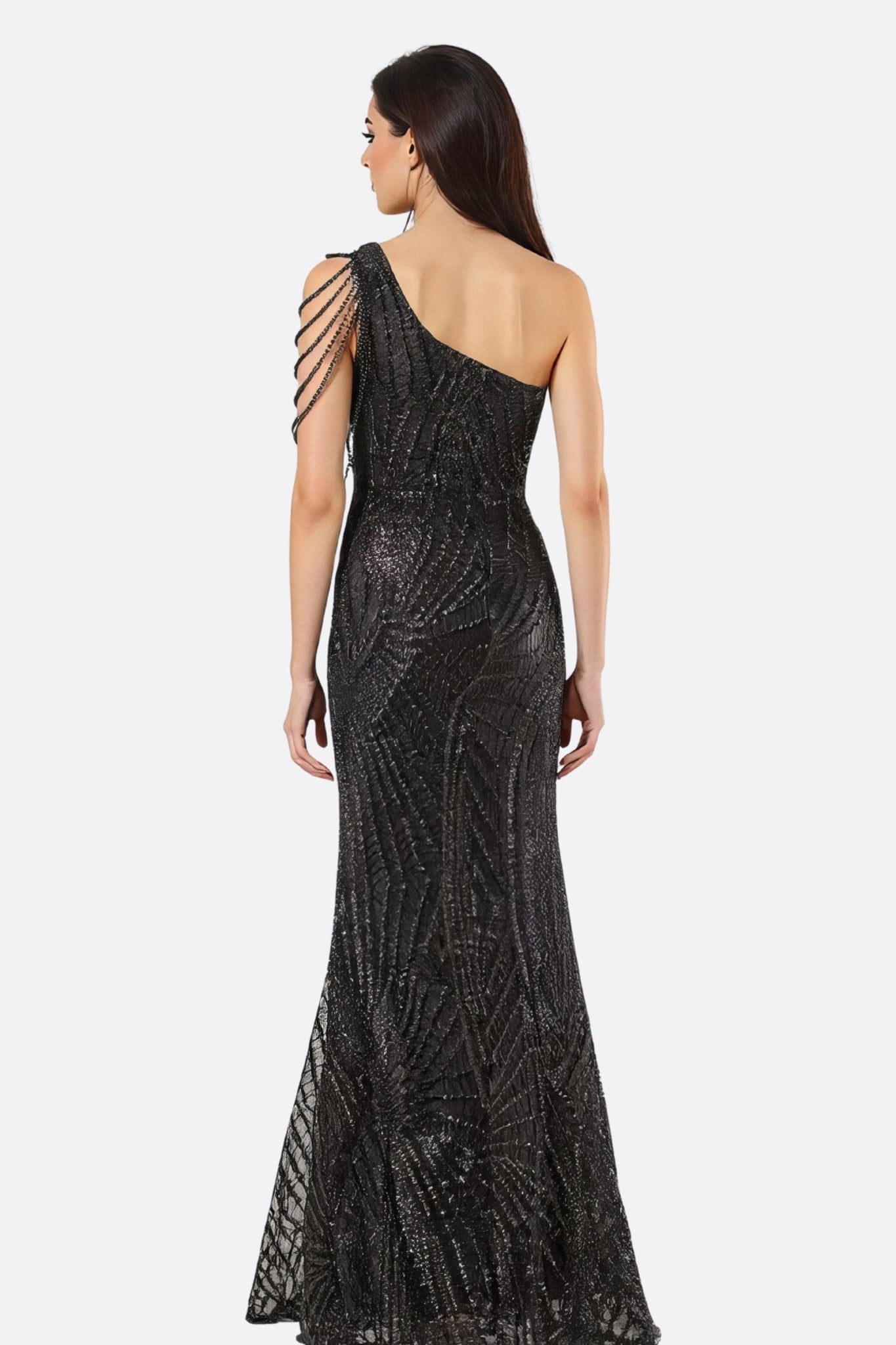 Robe de soirée noire asymétrique avec perles et fente latérale - MISCIANO