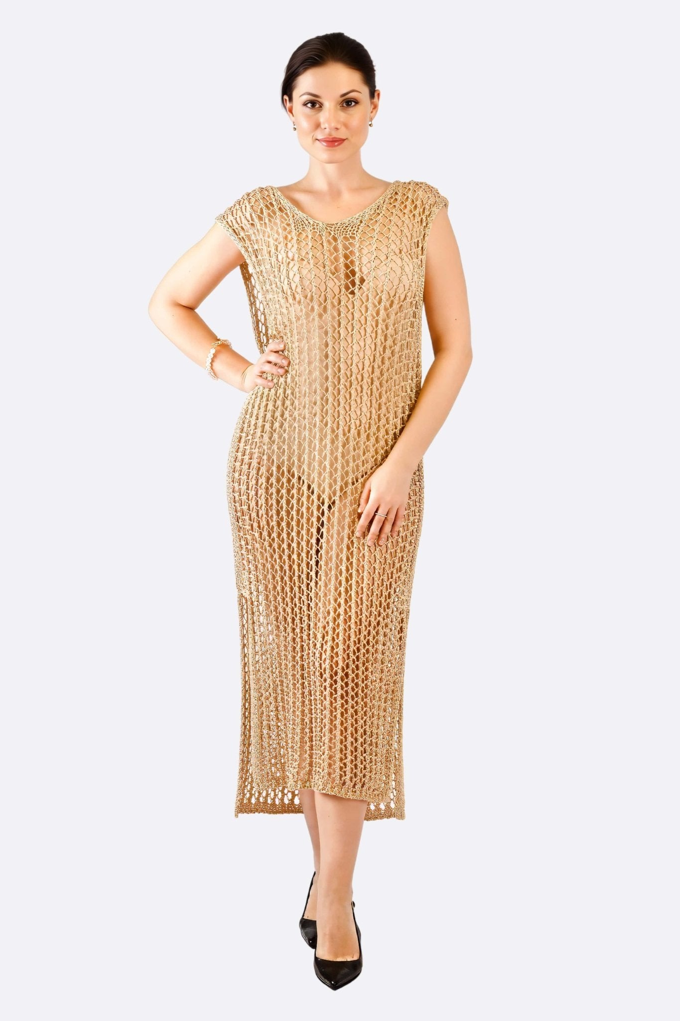 Vestido largo beige natural de punto crochet – Misciano
