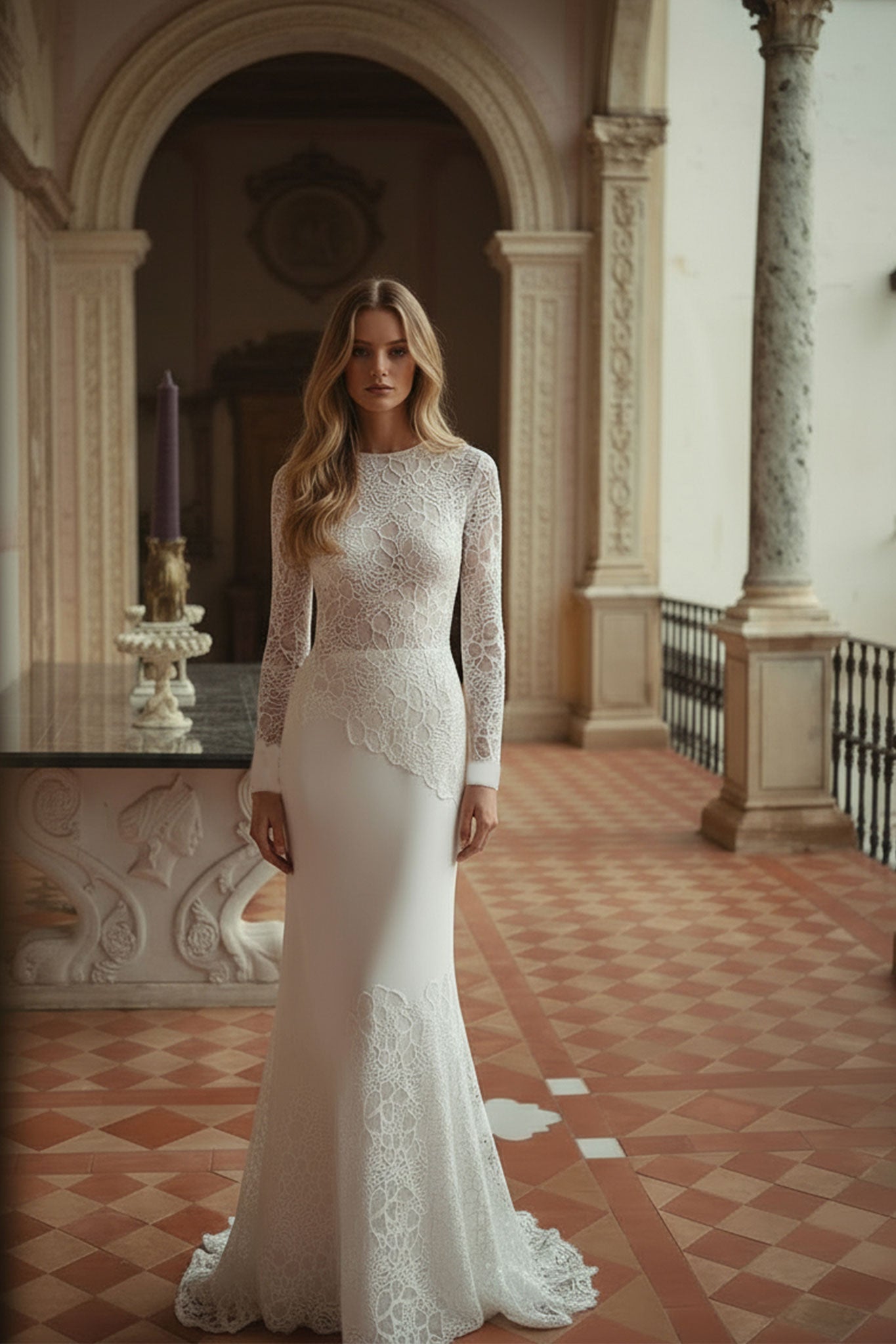 Détail du dos de la robe longue en dentelle ivoire, soulignant la texture délicate pour une allure chic en soirée.