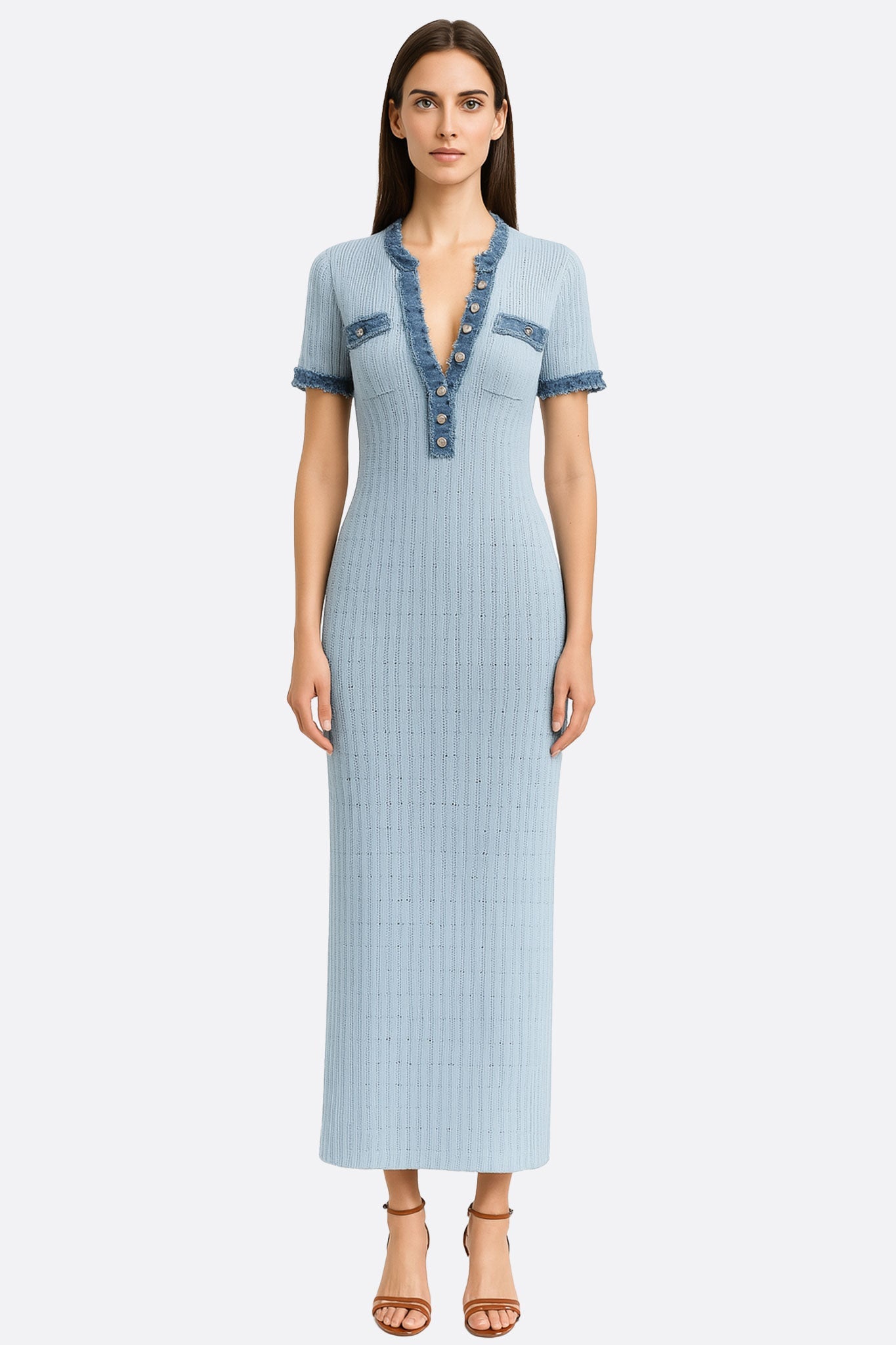 Robe longue bleu ciel en maille côtelée et finitions denim - MISCIANO