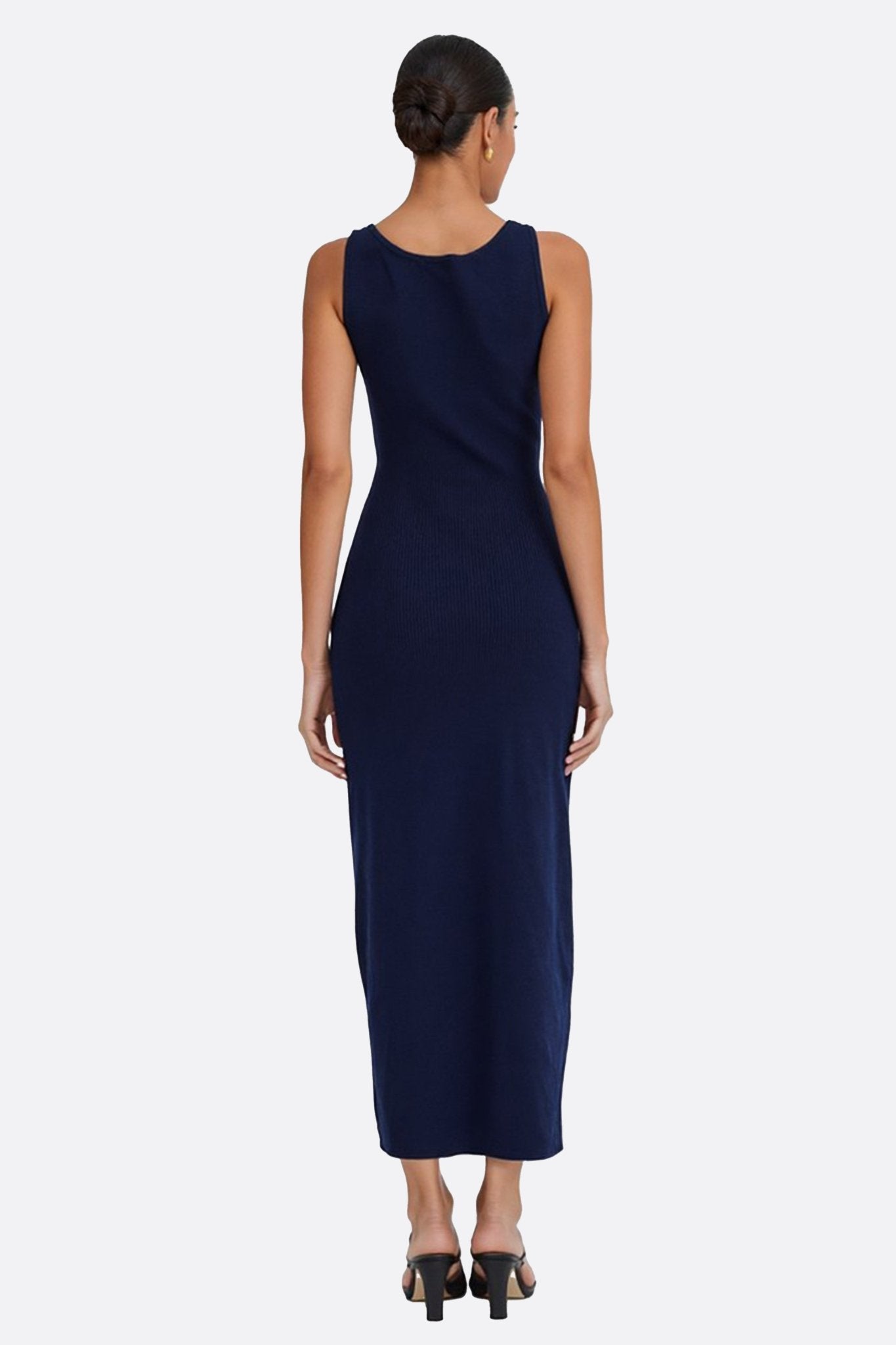 Robe longue bleu marine sans manches en maille côtelée à boutons - MISCIANO