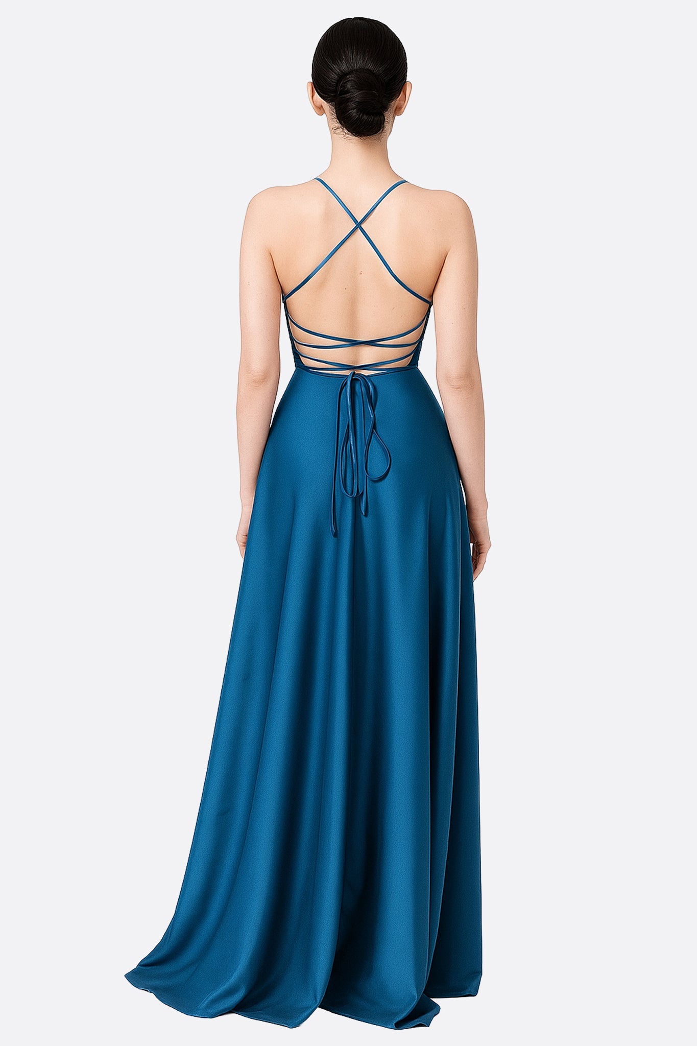 Robe longue dos nu bleu canard à bretelles croisées et fente latérale - MISCIANO